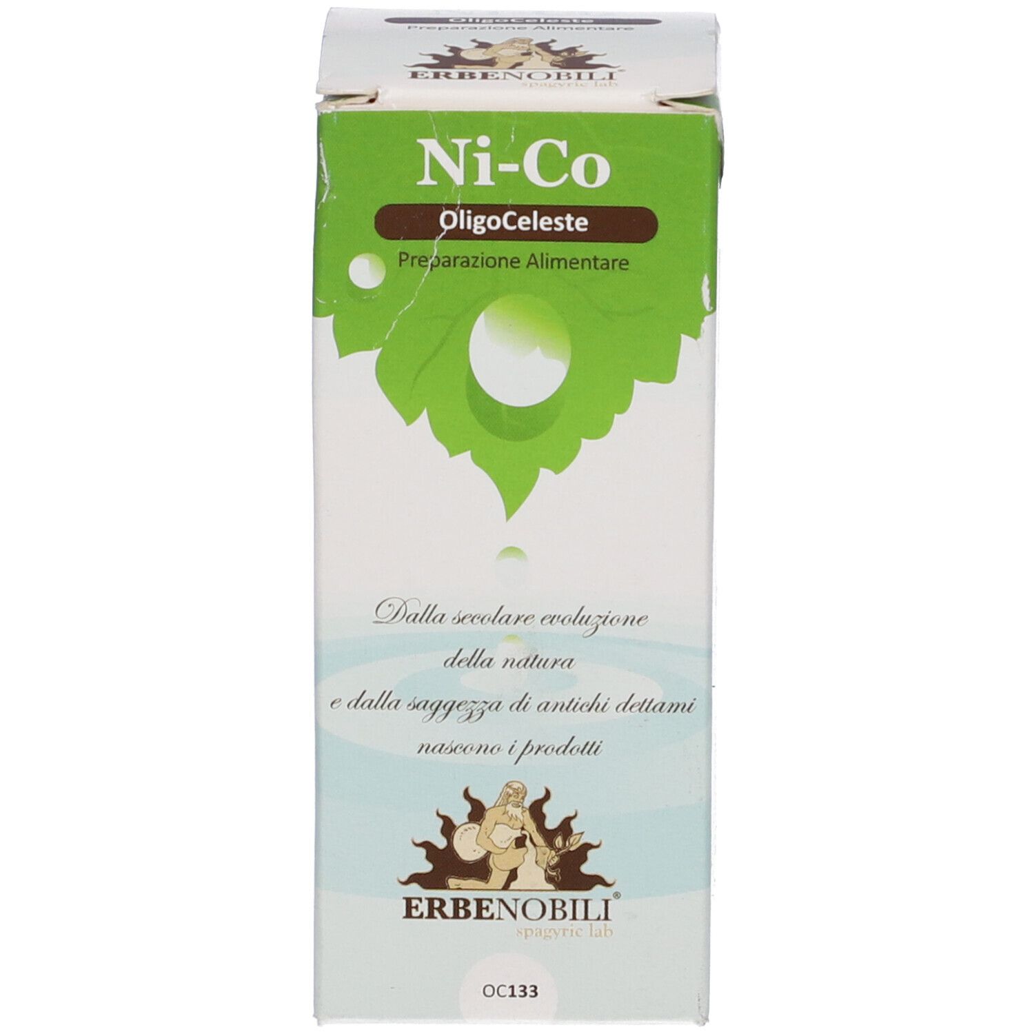 Confezione con nome prodotto Ni-Co OligoCeleste. Logo Erbenobili. Forma di foglia verde.