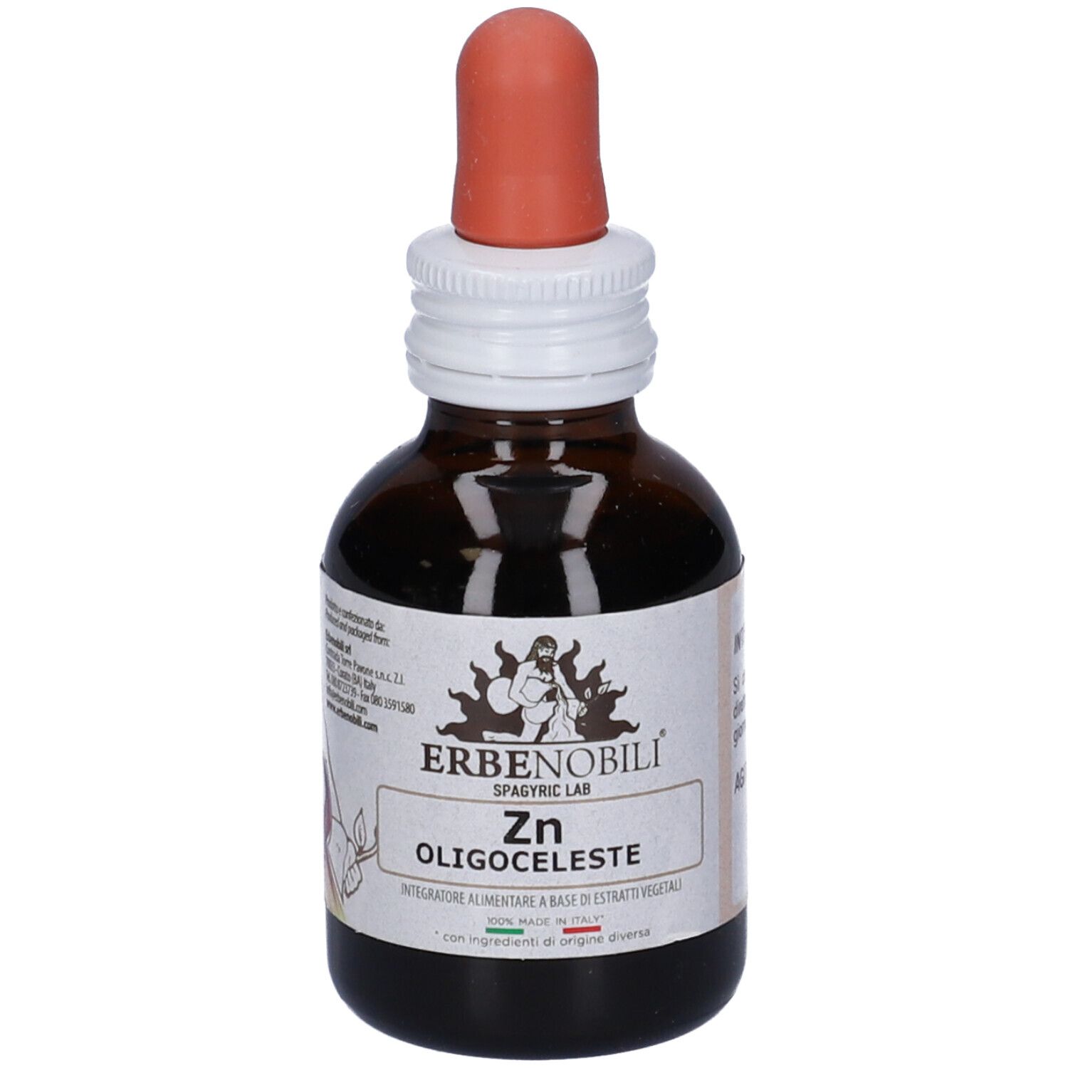 Flacone di vetro marrone con contagocce. Etichetta con nome prodotto Zn OligoCeleste e logo. Integratore alimentare.