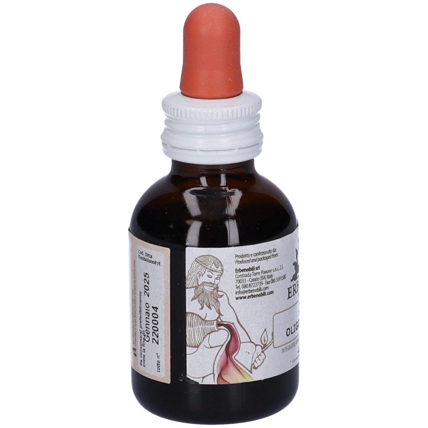 Flacone di vetro marrone con contagocce. Etichetta con nome prodotto e logo. Data di scadenza stampata. Integratore alimentare.