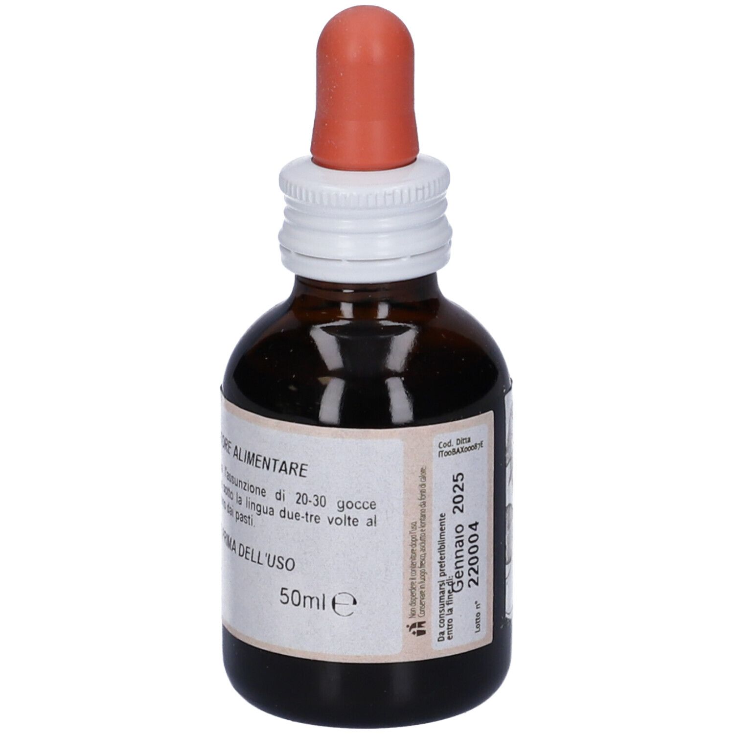 Flacone di vetro marrone con contagocce. Etichetta con nome prodotto e logo. Data di scadenza stampata. Integratore alimentare.