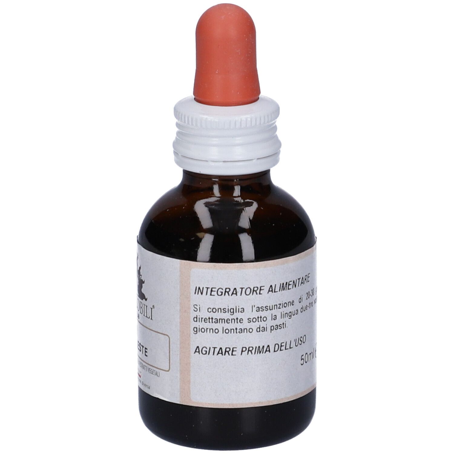 Flacone di vetro marrone con contagocce. Etichetta con nome prodotto e logo. Istruzioni per l'uso stampate. Integratore alimentare.