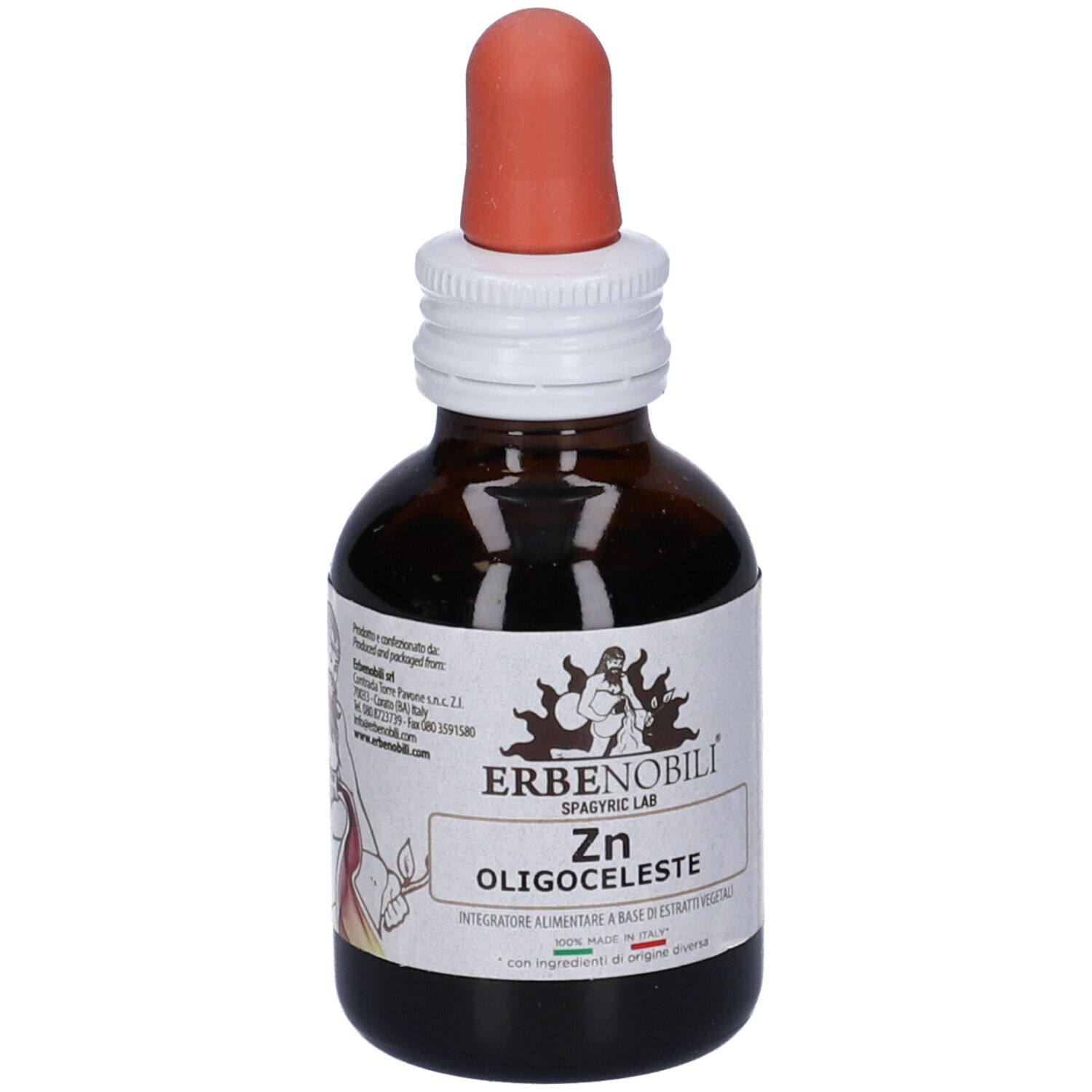 Flacone di vetro marrone con contagocce. Etichetta con nome prodotto Zn OligoCeleste e logo. Integratore alimentare.