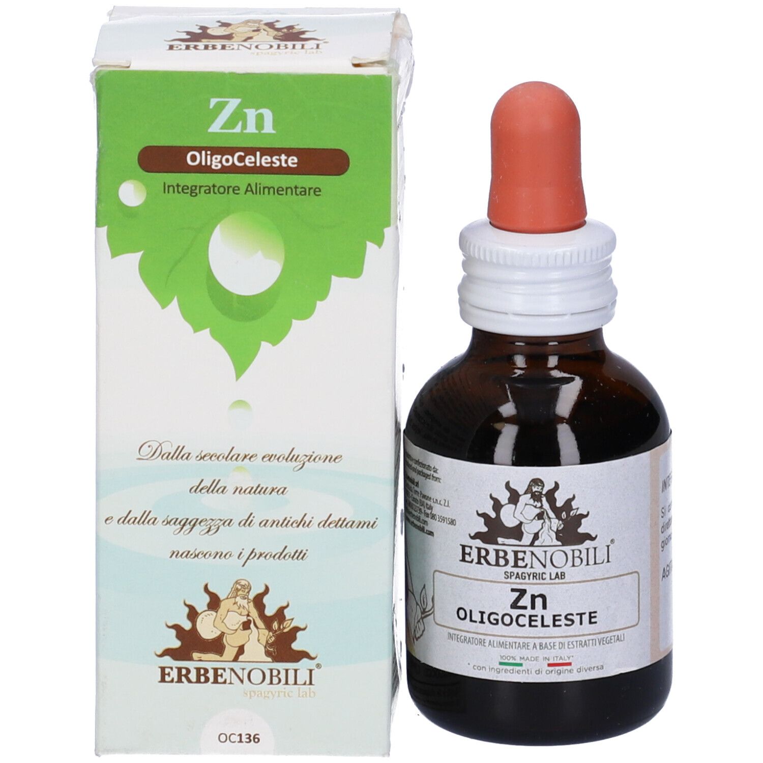 Flacone di vetro marrone con contagocce e scatola. Nome prodotto Zn OligoCeleste e logo. Integratore alimentare.