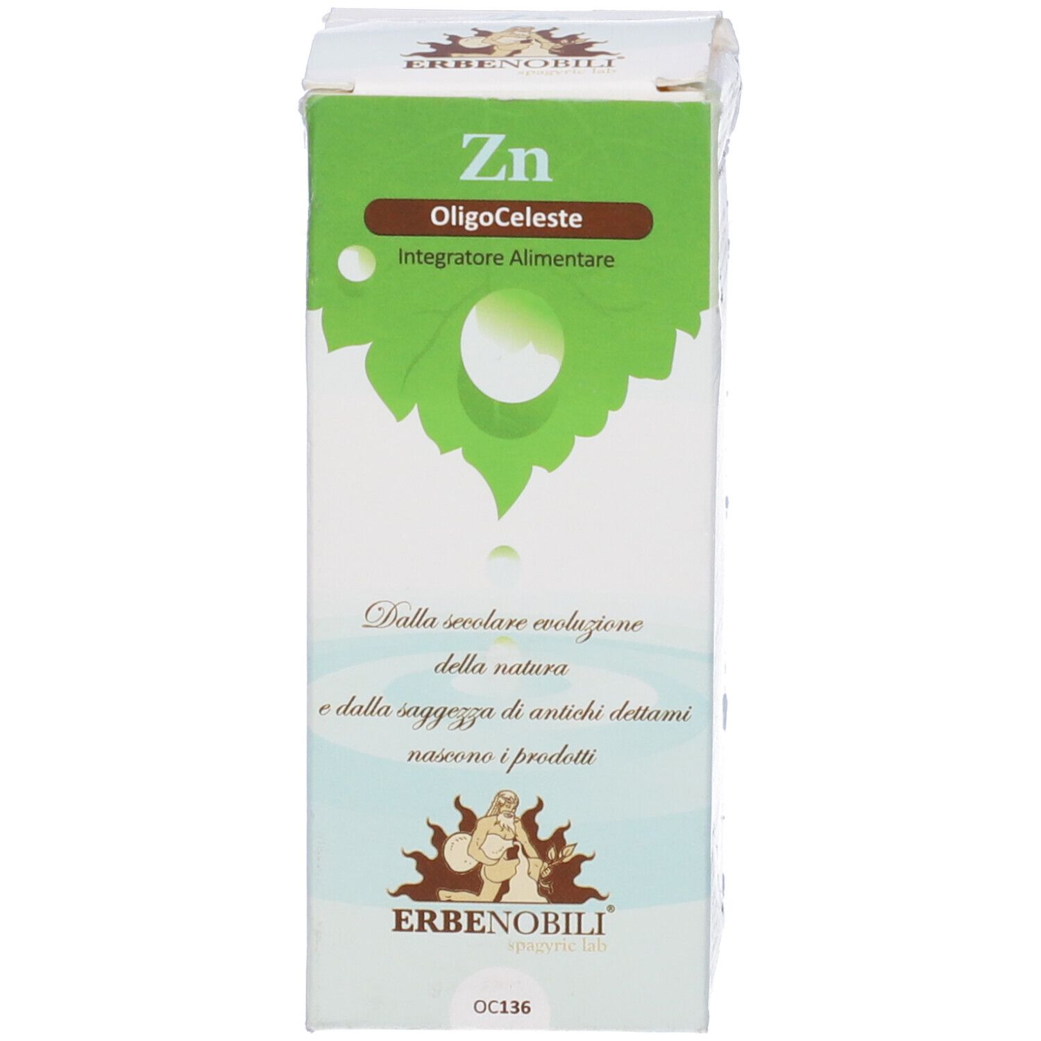 Scatola con nome prodotto Zn OligoCeleste. Confezione verde e bianca con logo e testo. Integratore alimentare.