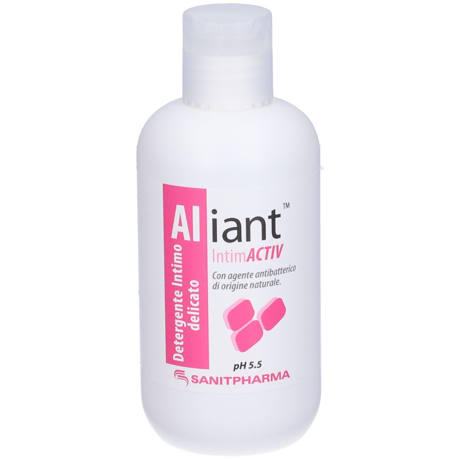 Flacone bianco con etichetta rosa. Scritta: Aliant IntimActiv, pH 5.5. Marchio: Sanitpharma.