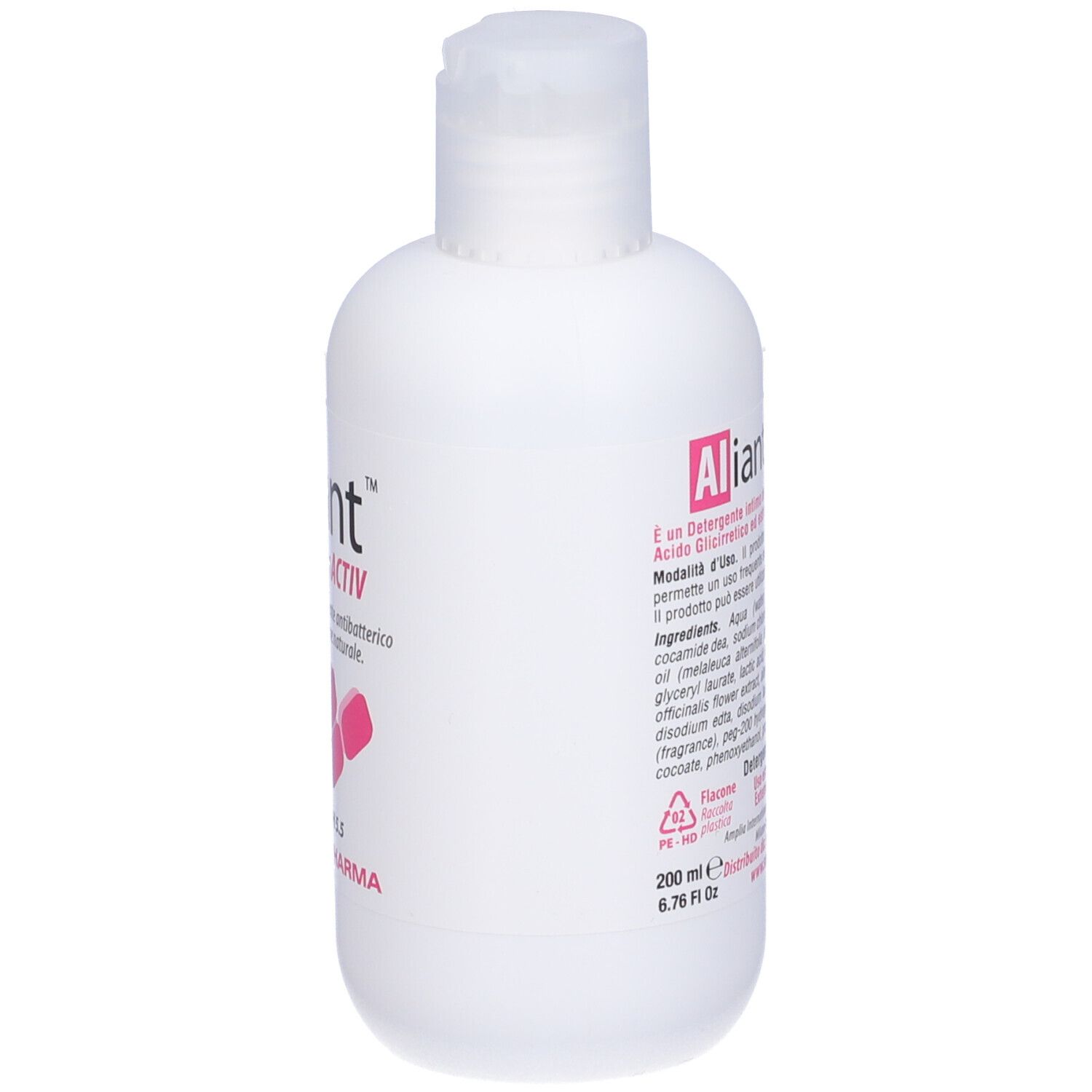 Flacone bianco con etichetta rosa. Scritta: Aliant IntimActiv, pH 5.5. Marchio: Sanitpharma.