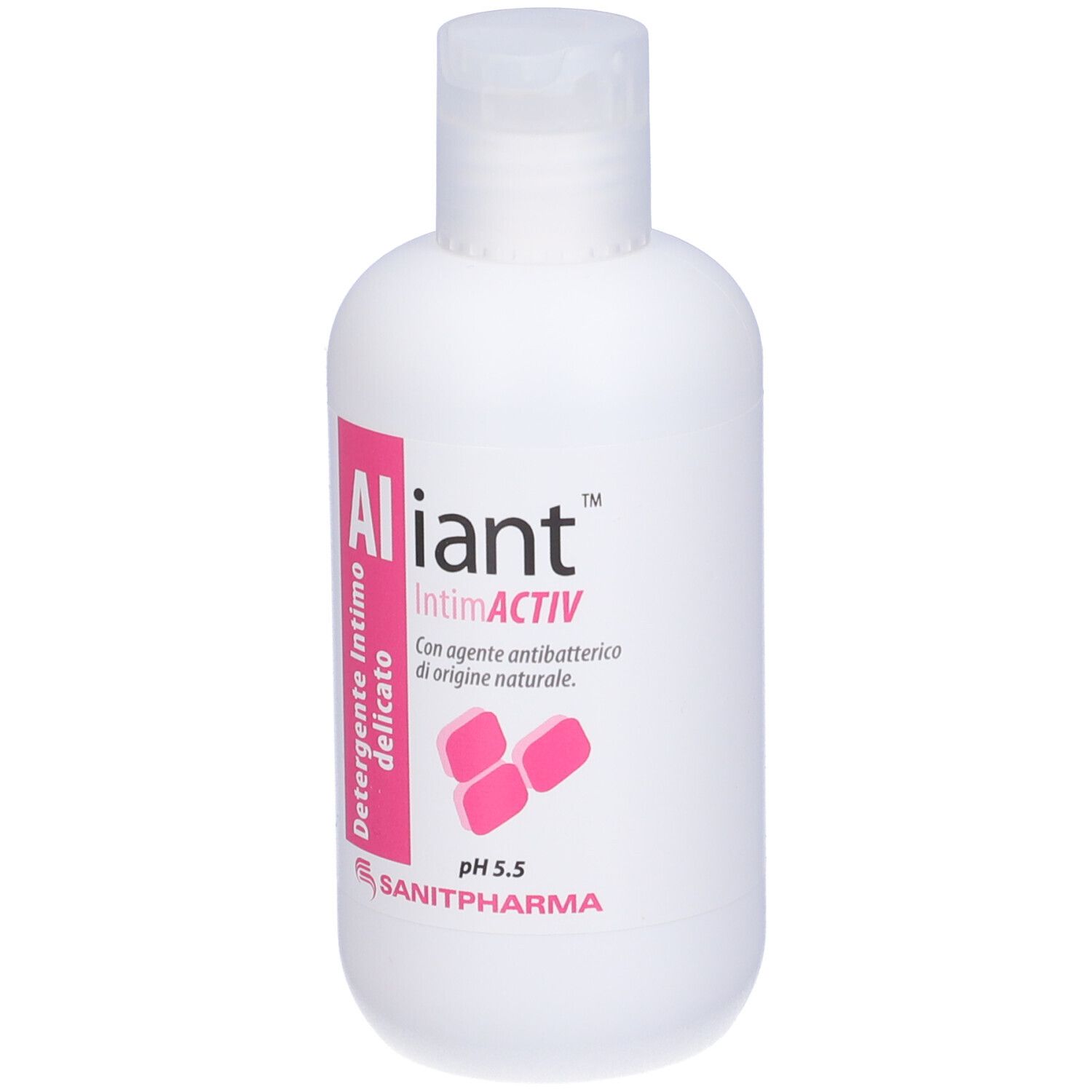 Flacone bianco con etichetta rosa. Scritta: Aliant IntimActiv, pH 5.5. Marchio: Sanitpharma.