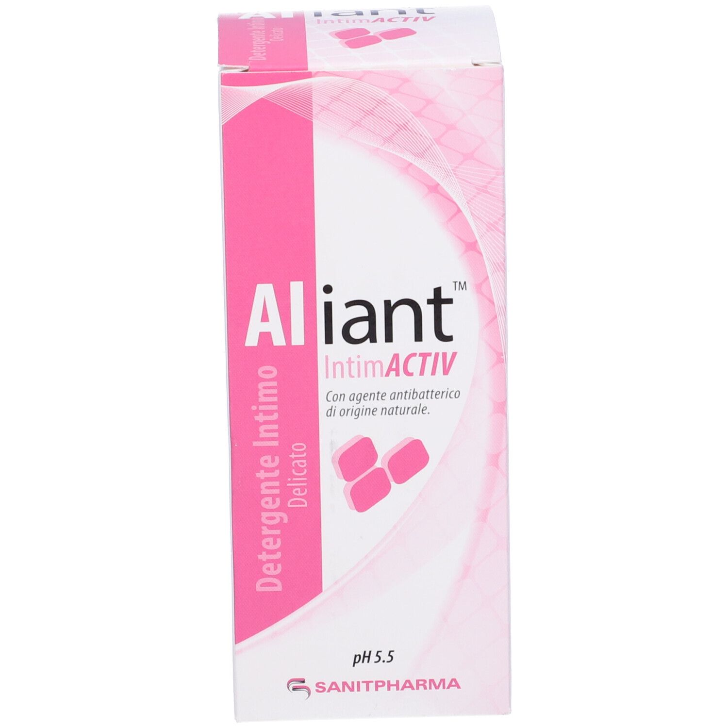 Scatola con design rosa. Scritta: Aliant IntimActiv, pH 5.5. Marchio: Sanitpharma.