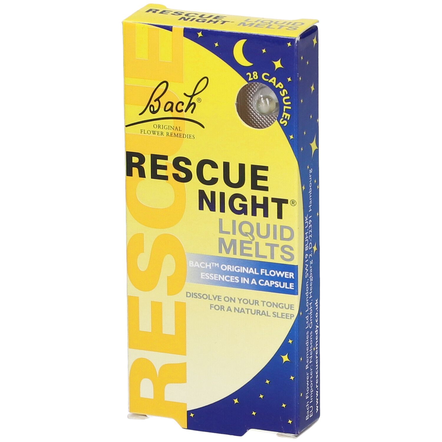 Scatola gialla Rescue Night Liquid Melts. 28 capsule. Design luna e stelle. Logo Bach.