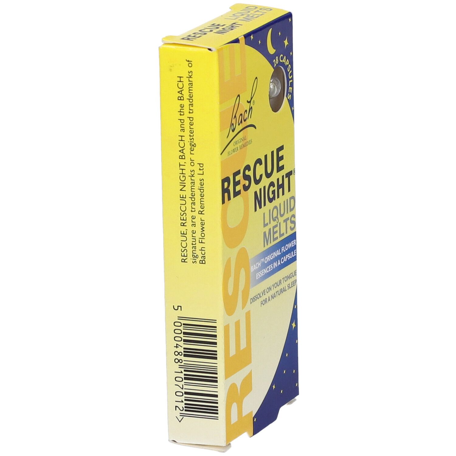 Scatola gialla Rescue Night Liquid Melts. Retro con testo. Design luna e stelle. Logo Bach.