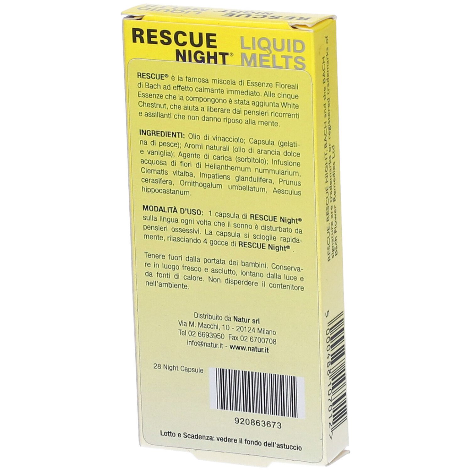 Scatola gialla Rescue Night Liquid Melts. Retro con testo. 28 capsule. Logo Bach.