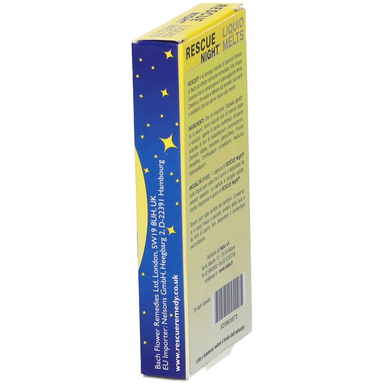 Scatola gialla Rescue Night Liquid Melts. Retro con testo. Logo Bach. Design luna e stelle.