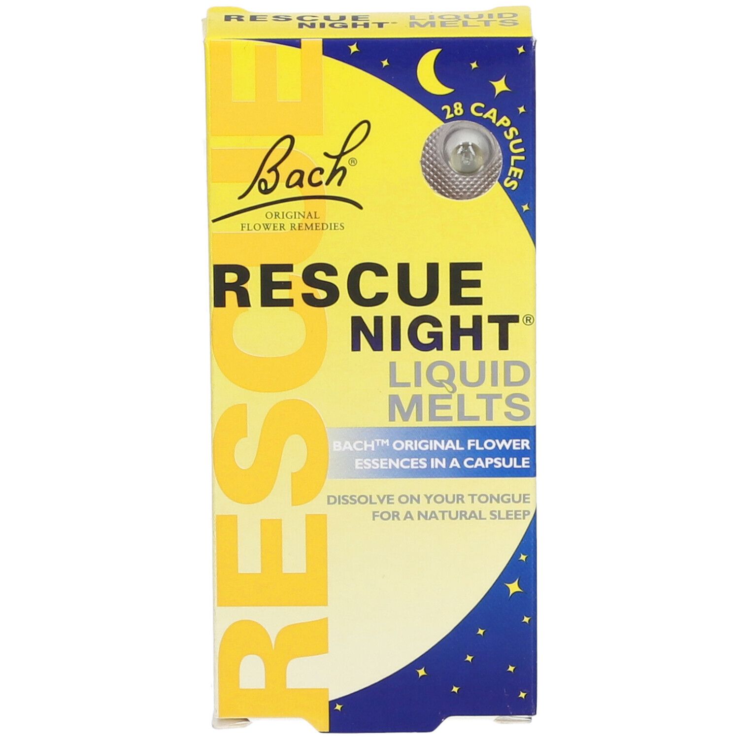 Scatola gialla Rescue Night Liquid Melts. 28 capsule. Design luna e stelle. Logo Bach.