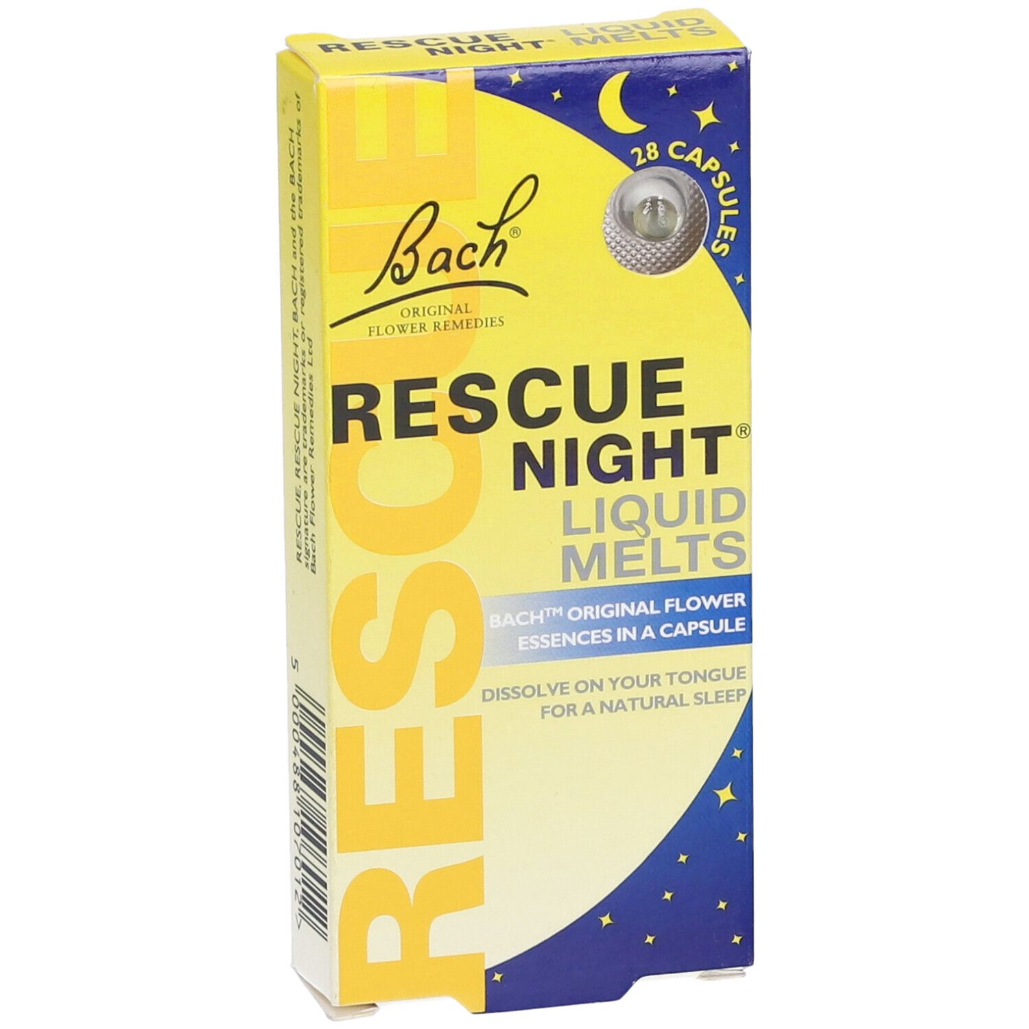 Scatola gialla Rescue Night Liquid Melts. 28 capsule. Design luna e stelle. Logo Bach.