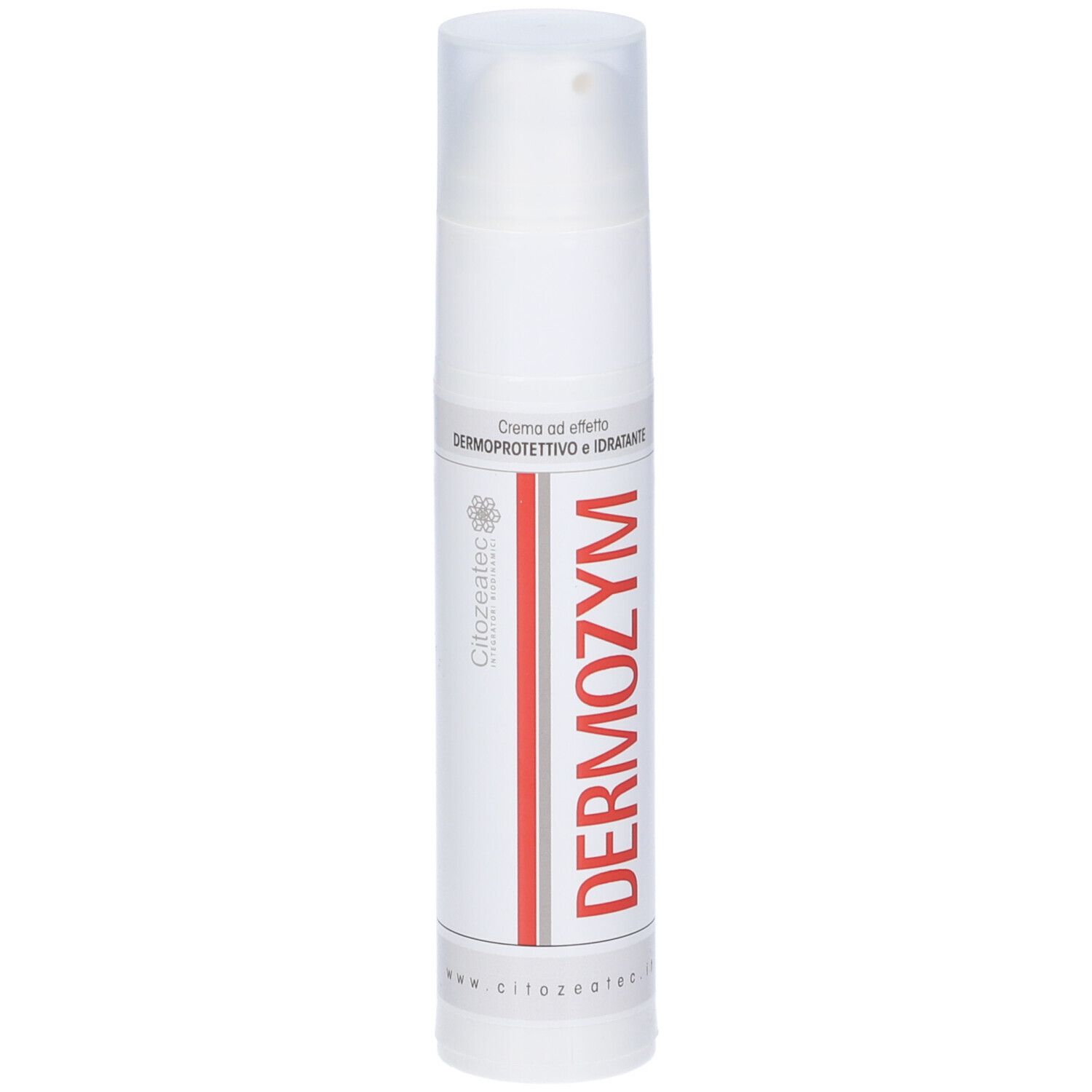 Flacone bianco DERMOZYM. Testo: Creme ad effetto dermoprotettivo e idratante. Logo Citozeatec.