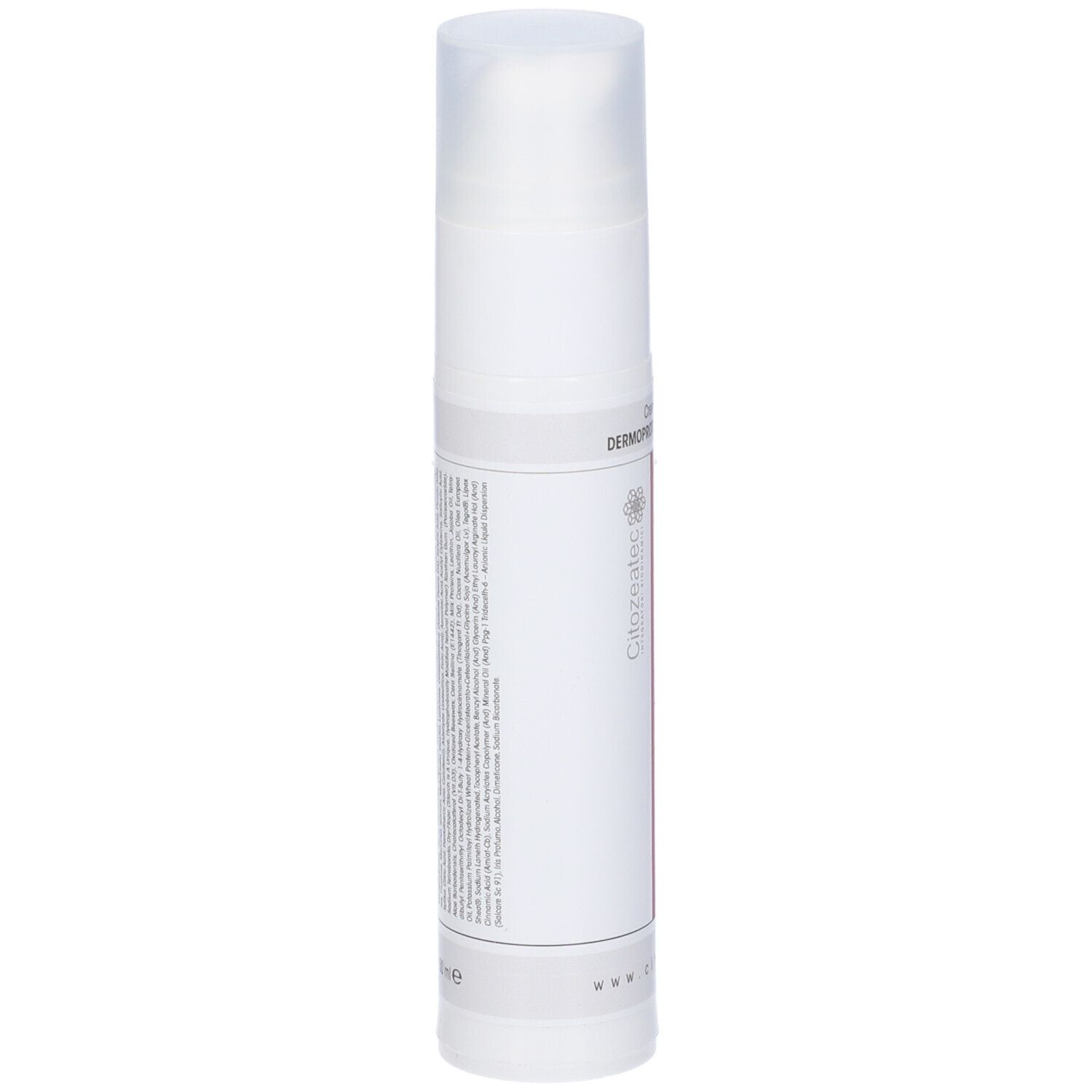 Flacone bianco con testo e codice a barre. Testo: Creme ad effetto dermoprotettivo e idratante. Logo Citozeatec.