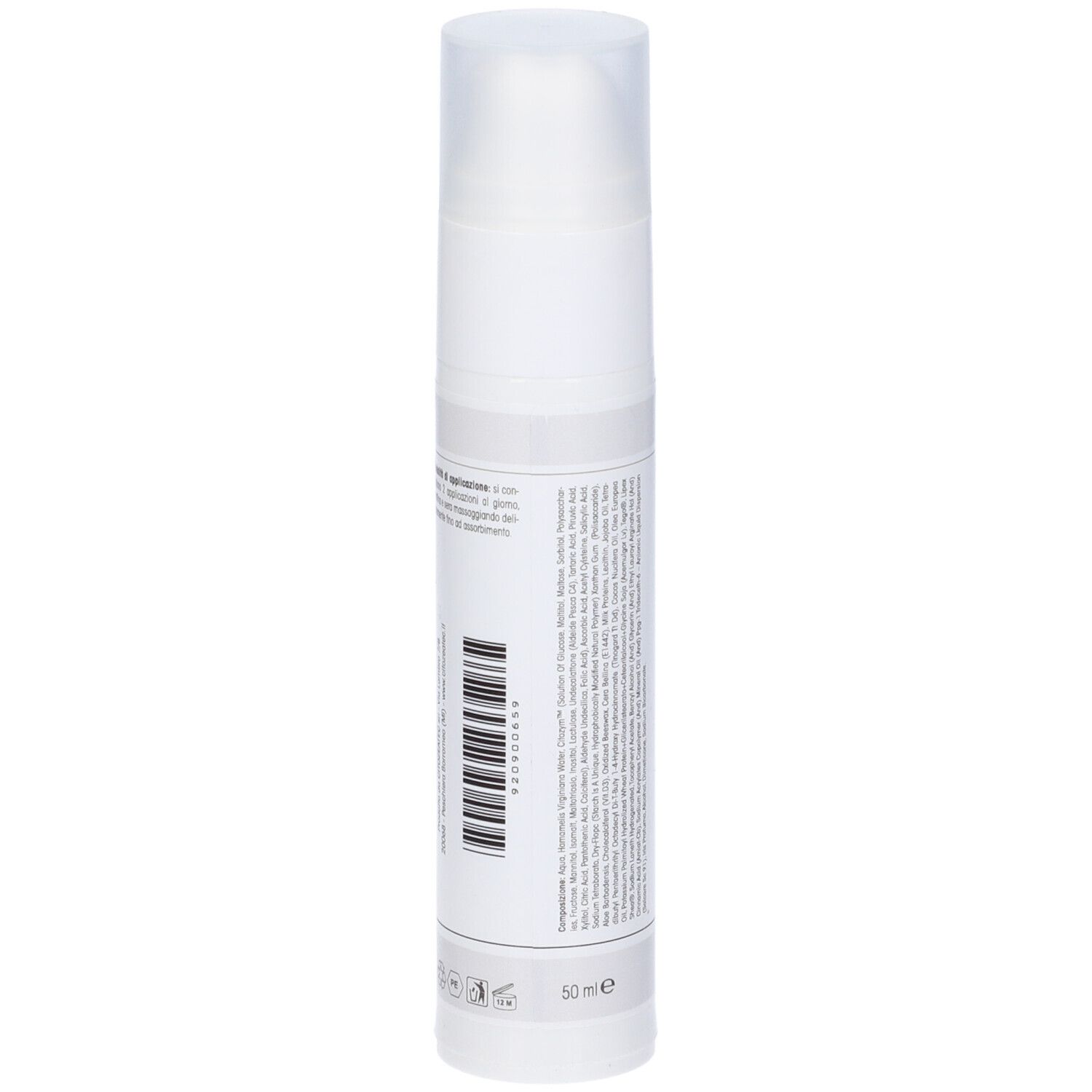 Flacone bianco con testo e codice a barre. Testo: Creme ad effetto dermoprotettivo e idratante. Logo Citozeatec.