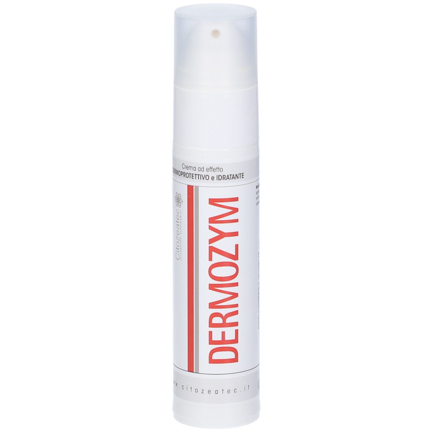 Flacone bianco DERMOZYM. Testo: Creme ad effetto dermoprotettivo e idratante. Logo Citozeatec.