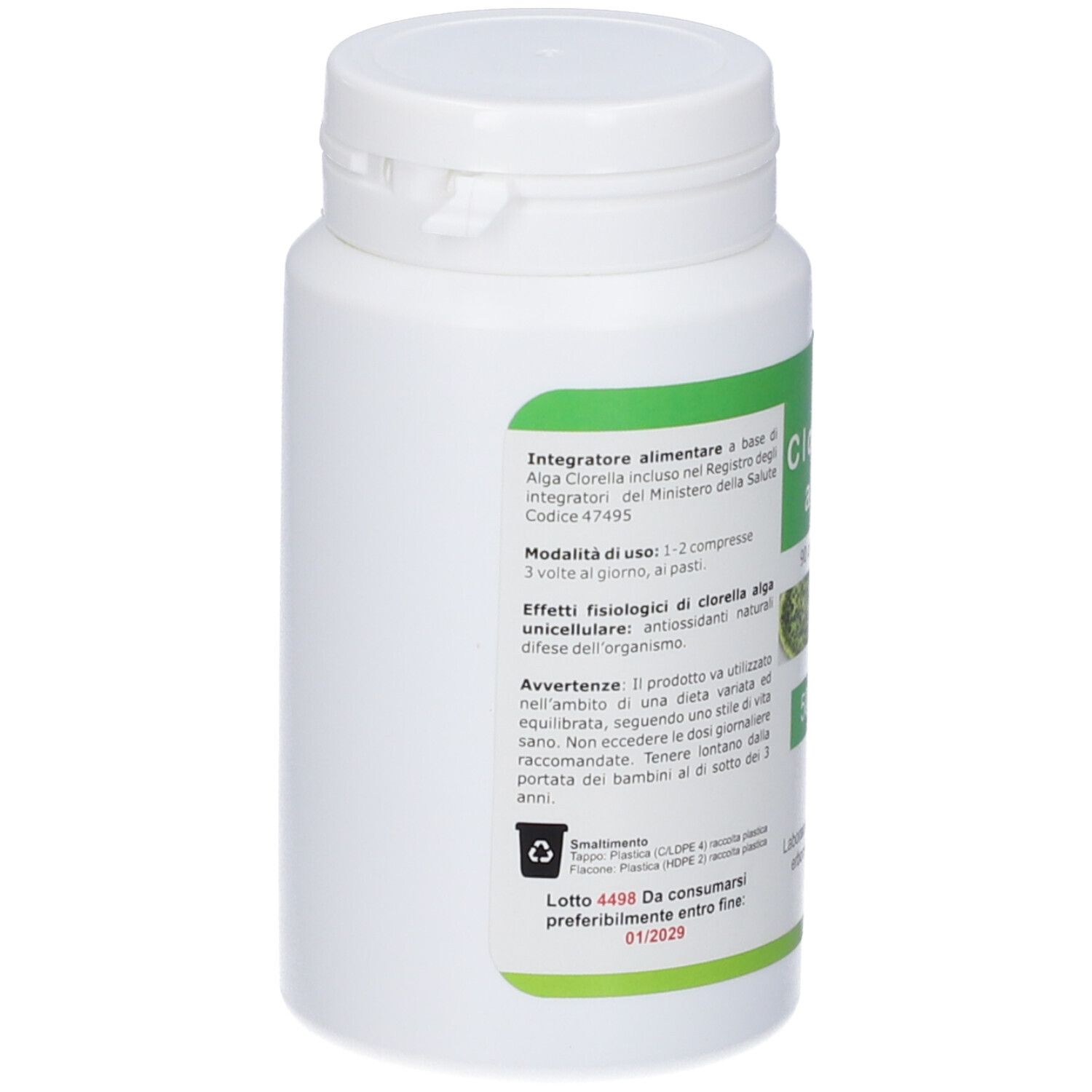 Clorella Alga 500 mg, 90 compresse in barattolo bianco. Confezione verde con immagine di alghe.