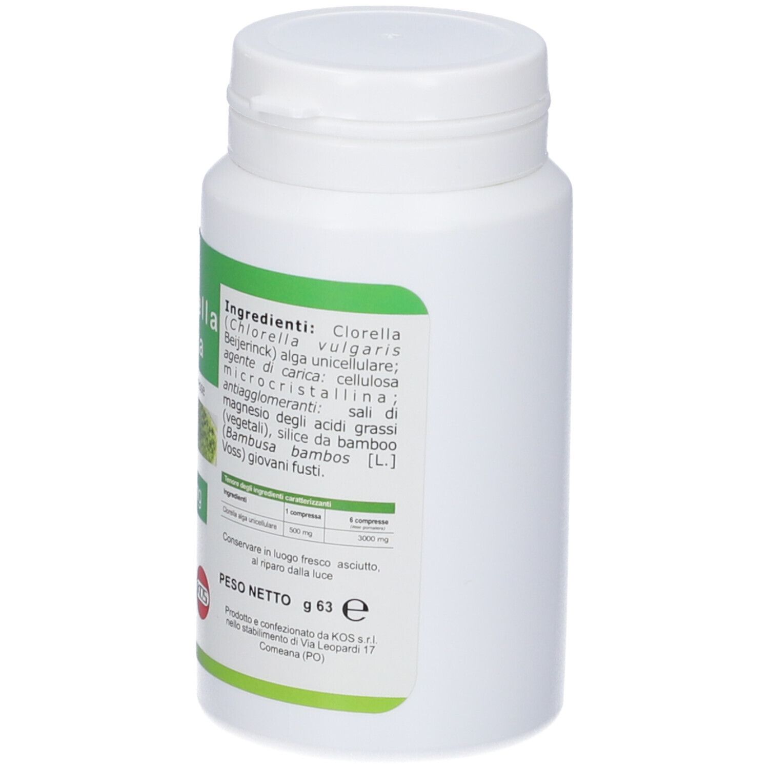 Clorella Alga 500 mg, 90 compresse in barattolo bianco. Confezione verde con immagine di alghe.