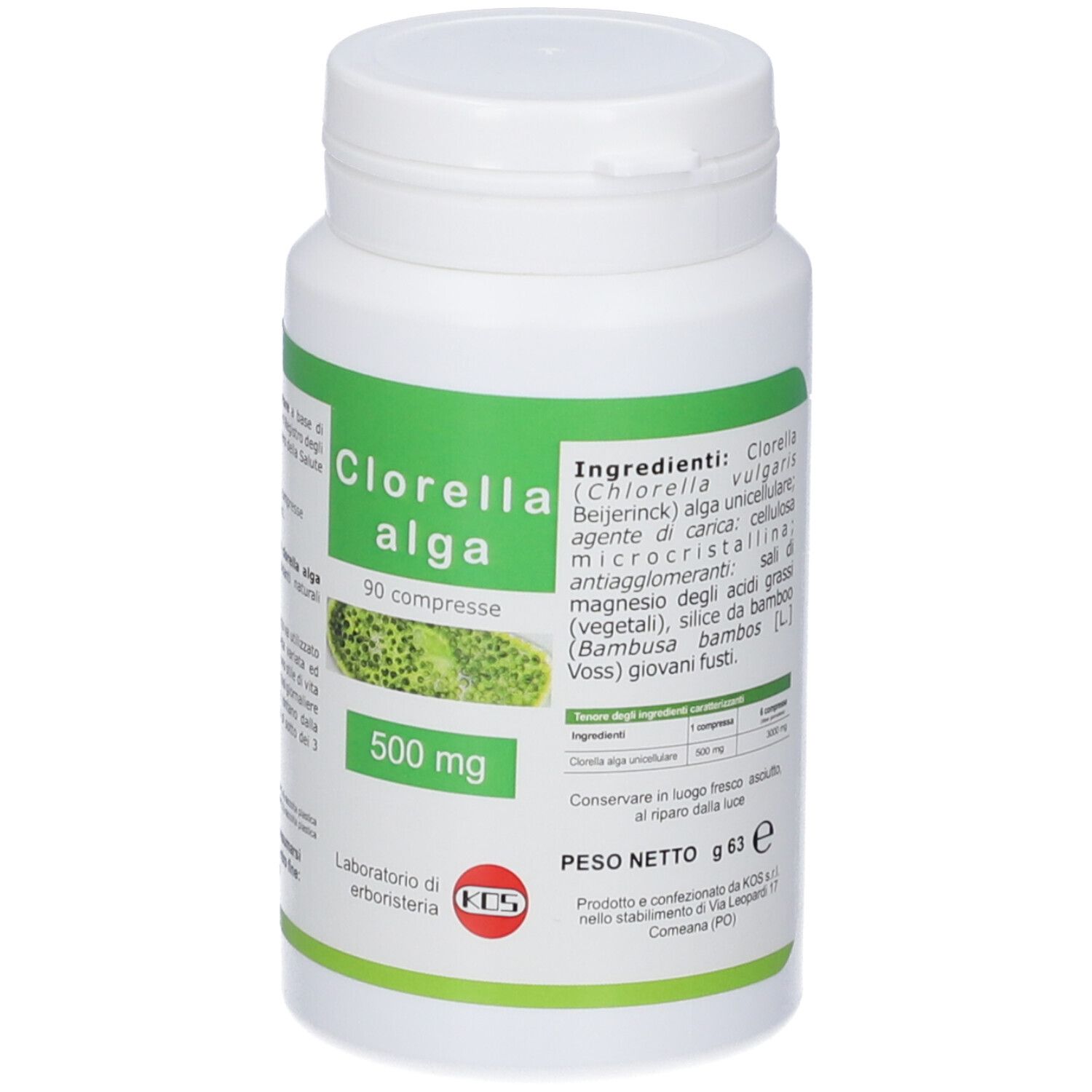 Clorella Alga 500 mg, 90 compresse in barattolo bianco. Confezione verde con immagine di alghe.
