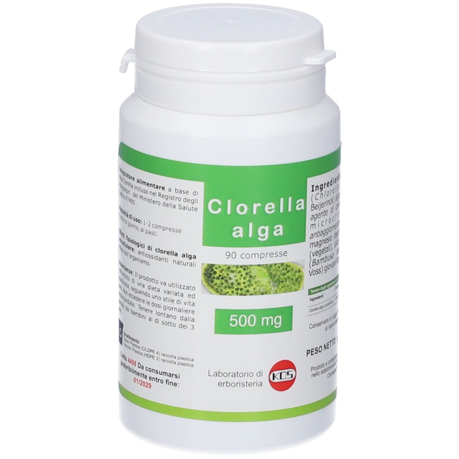 Clorella Alga 500 mg, 90 compresse in barattolo bianco. Confezione verde con immagine di alghe.
