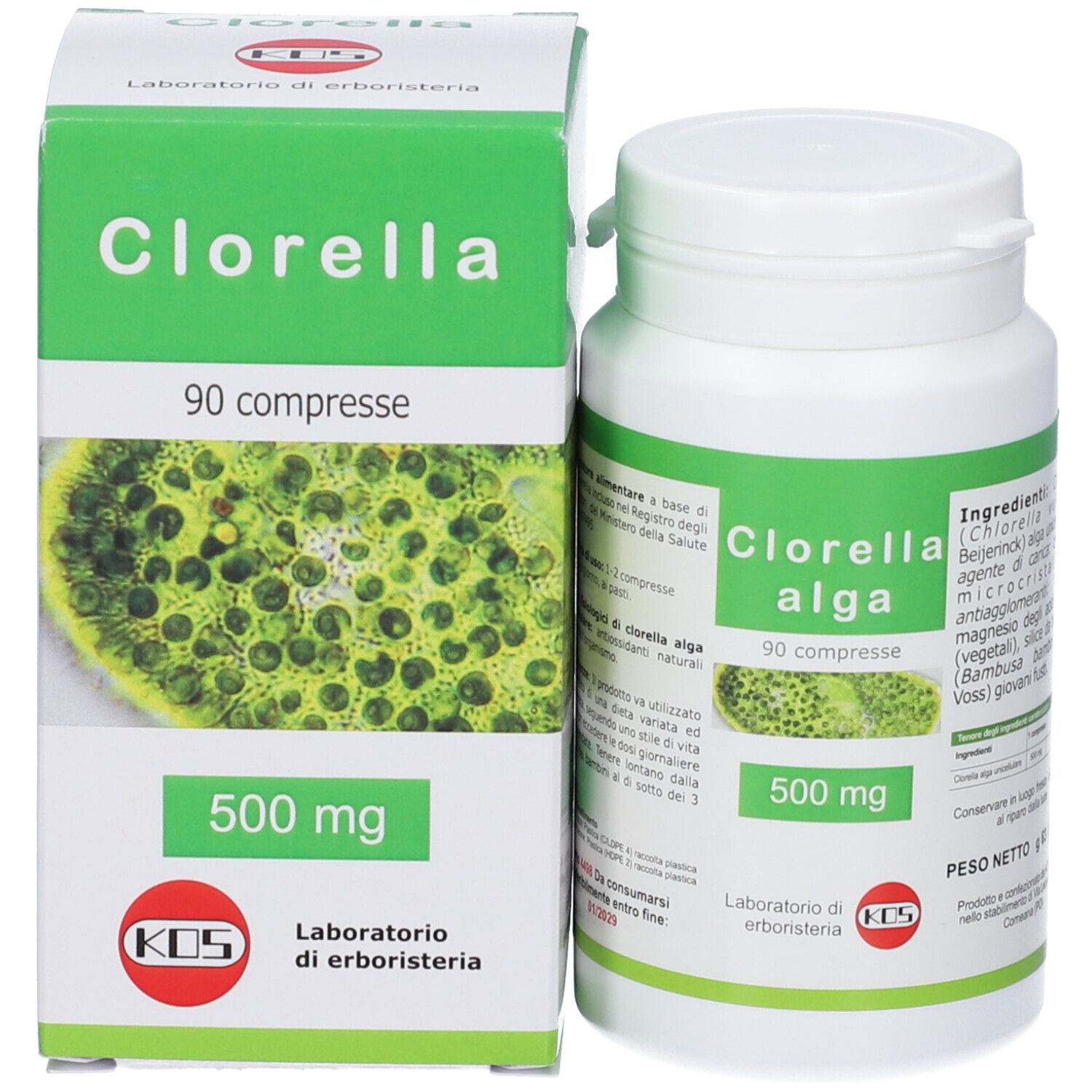Clorella Alga 500 mg, 90 compresse in barattolo bianco. Confezione verde con immagine di alghe.