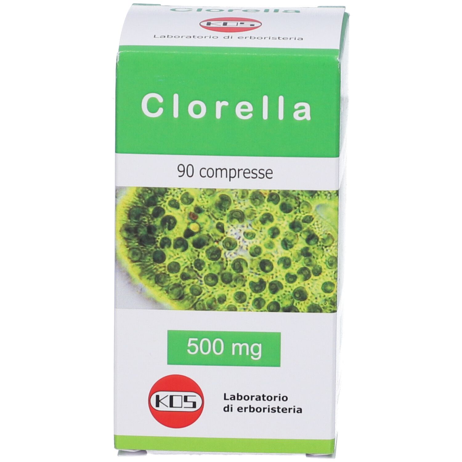 Clorella Alga 500 mg, 90 compresse in barattolo bianco. Confezione verde con immagine di alghe.