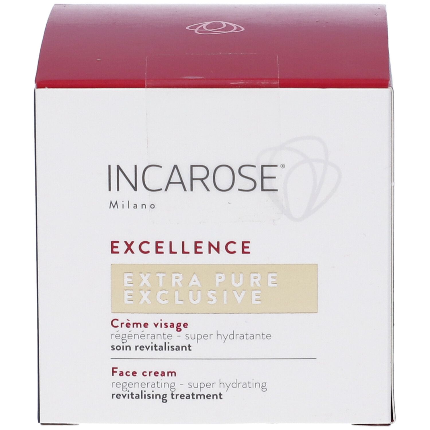 Scatola bianca con coperchio rosso. Scritta: Incarose Milano, Excellence, Extra Pure Exclusive. Testo in tedesco, francese e inglese.