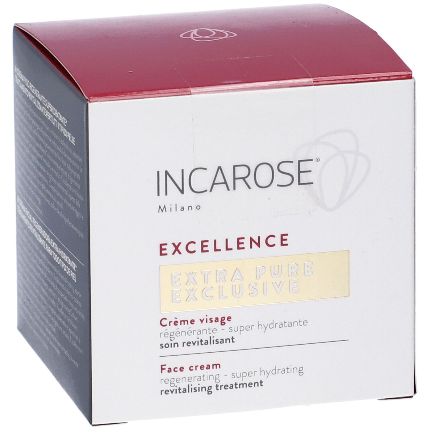 Scatola bianca con coperchio rosso. Scritta: Incarose Milano, Excellence, Extra Pure Exclusive. Testo in tedesco, francese e inglese.