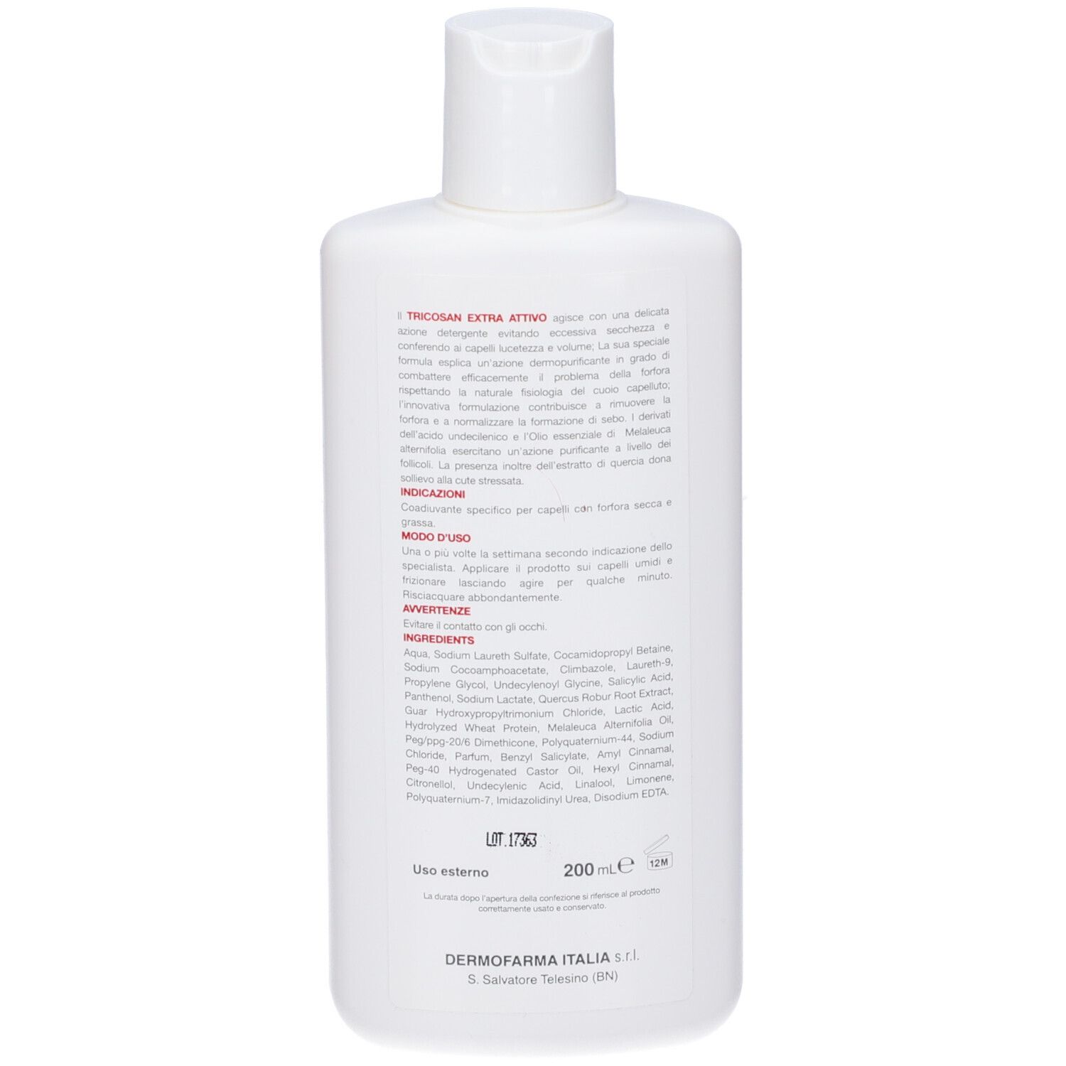 Retro di un flacone bianco con testo. Scritta: TRICOSAN extra attivo. Ingredienti e istruzioni per l'uso.