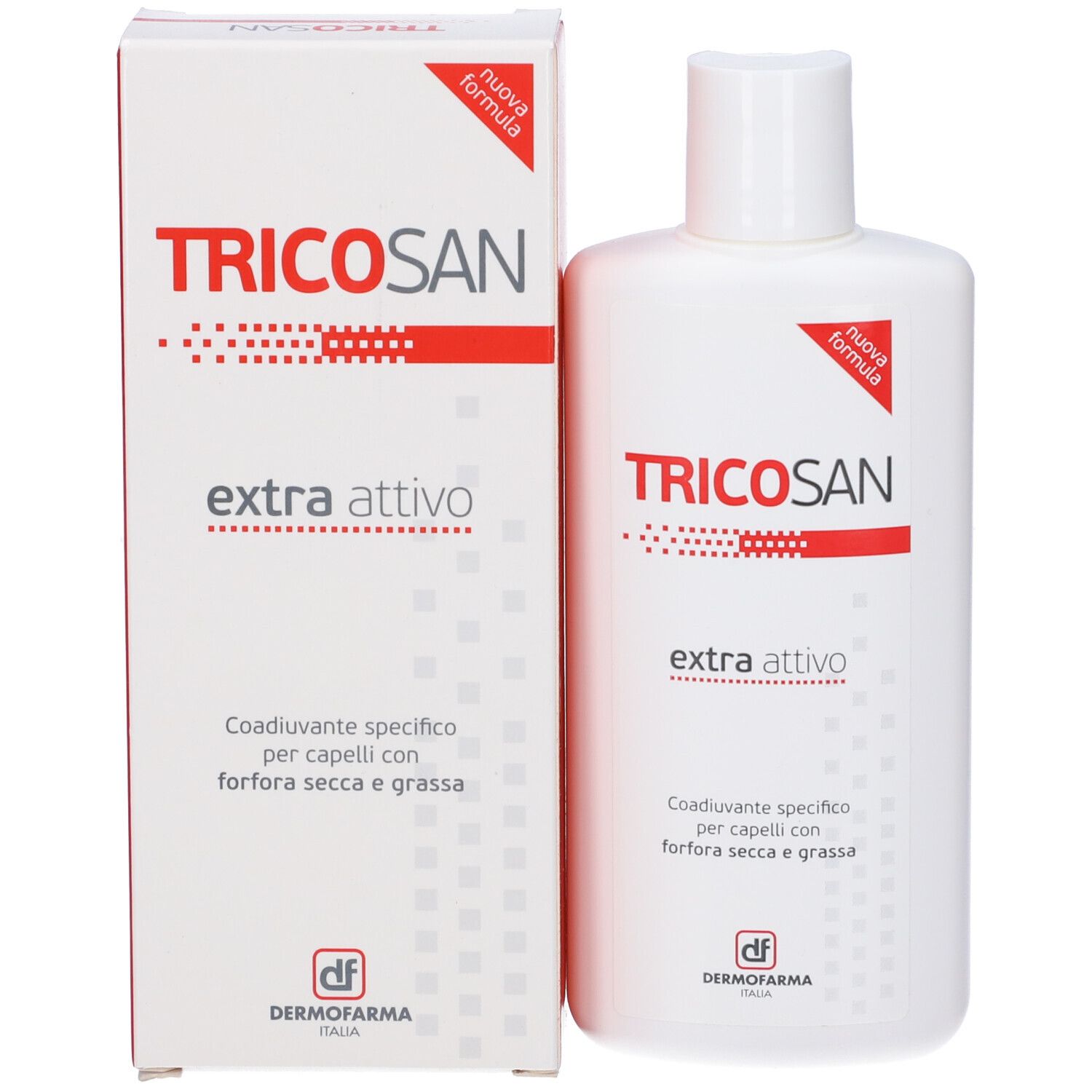 Confezione e flacone. Scritta: TRICOSAN extra attivo. Flacone di shampoo bianco e scatola.