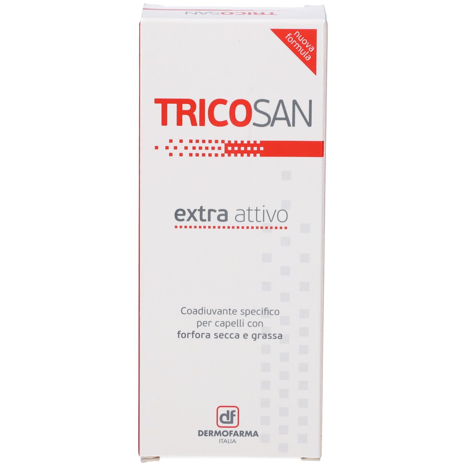 Confezione del prodotto. Scritta: TRICOSAN extra attivo. Scatola bianca con testo rosso e nero.