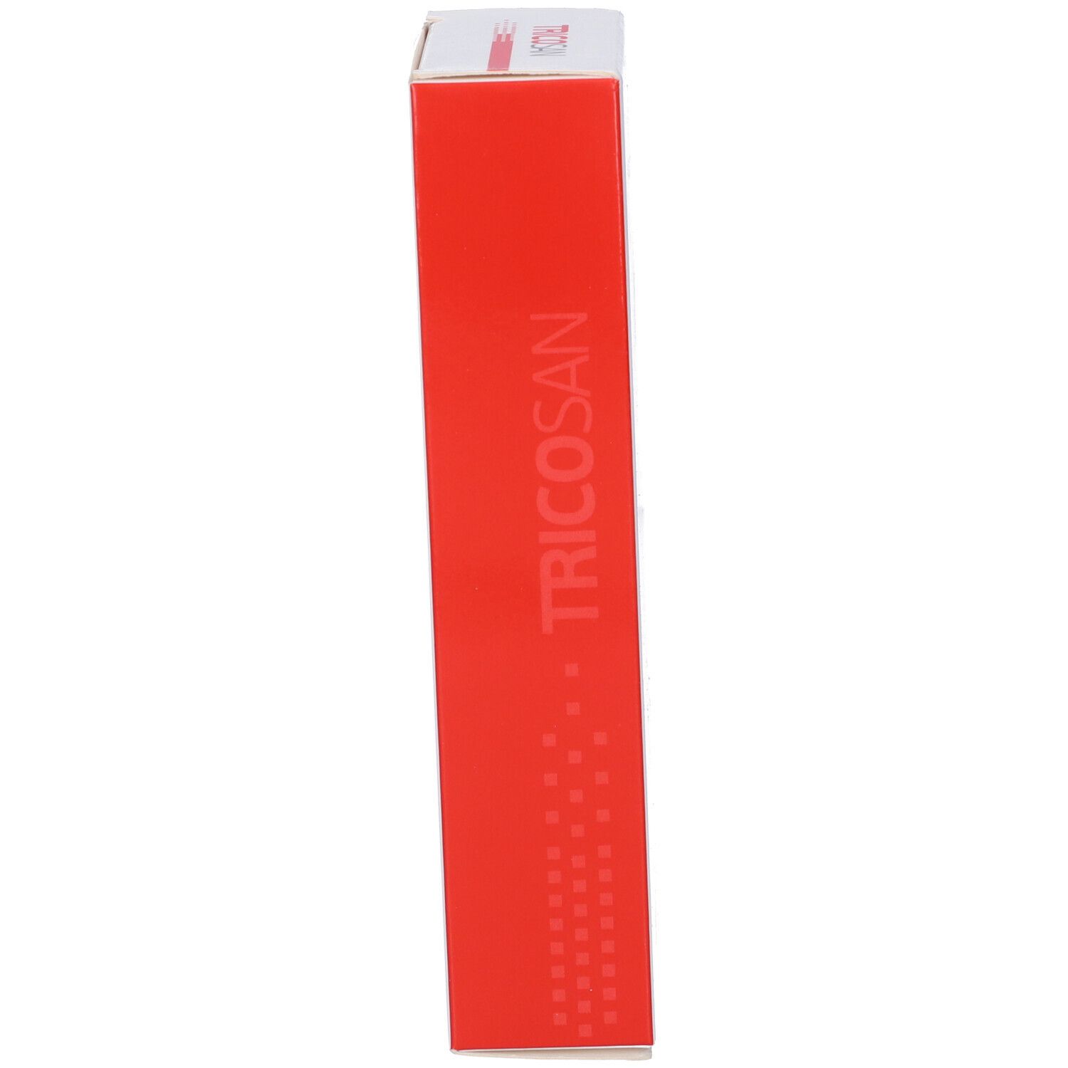 Vista laterale della confezione del prodotto. Scritta: TRICOSAN. Scatola rossa con testo bianco.