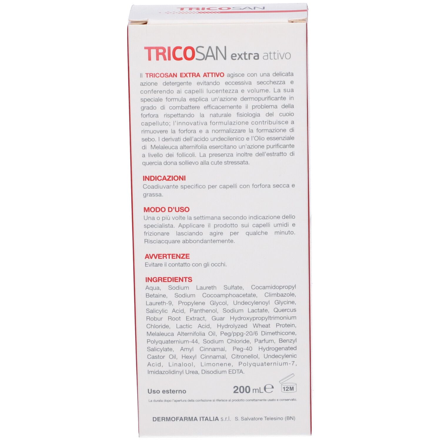 Retro della confezione del prodotto. Scritta: TRICOSAN extra attivo. Testo con ingredienti e utilizzo.