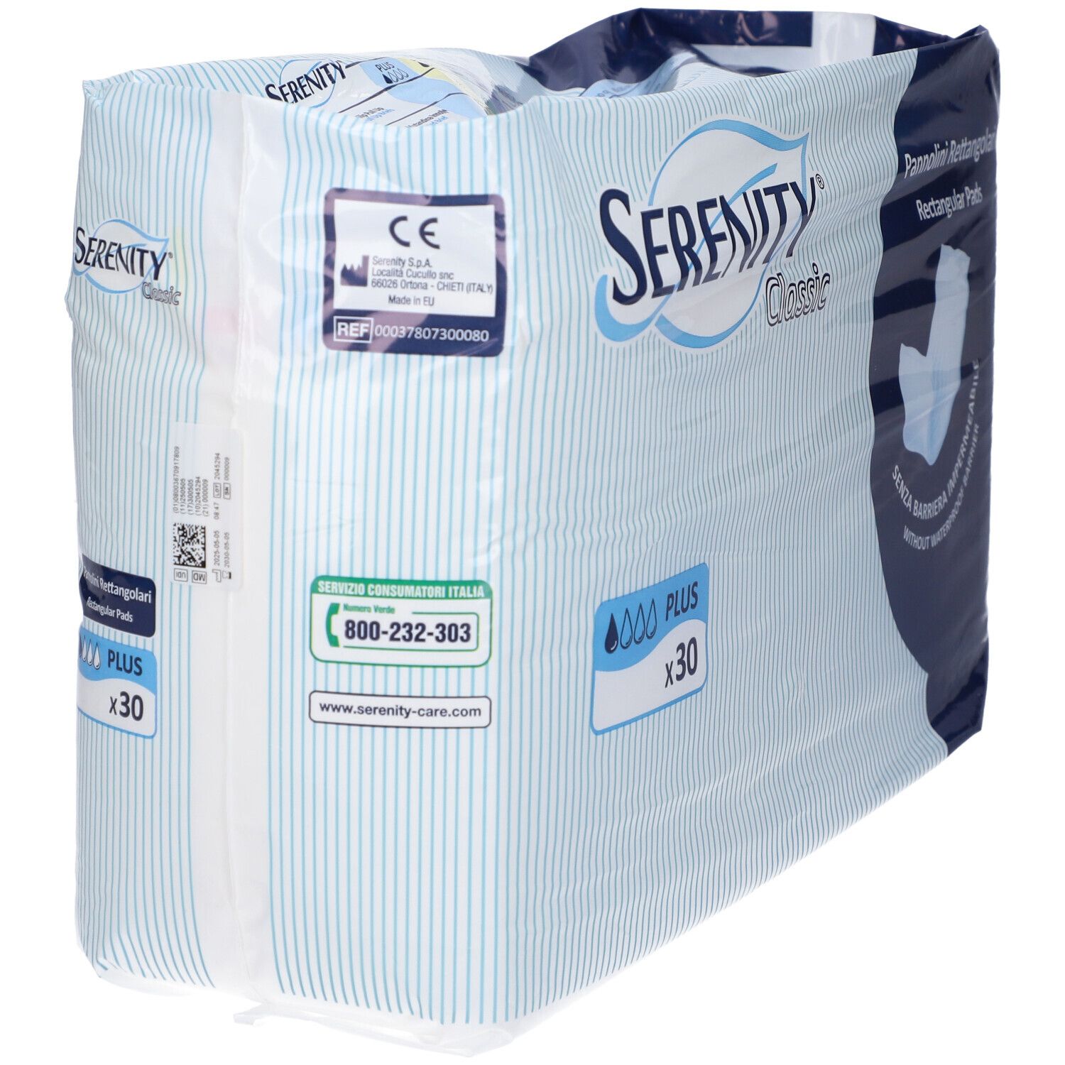Confezione di assorbenti rettangolari. Marchio Serenity Classic, 30 pezzi. Con certificazione CE e contatti.