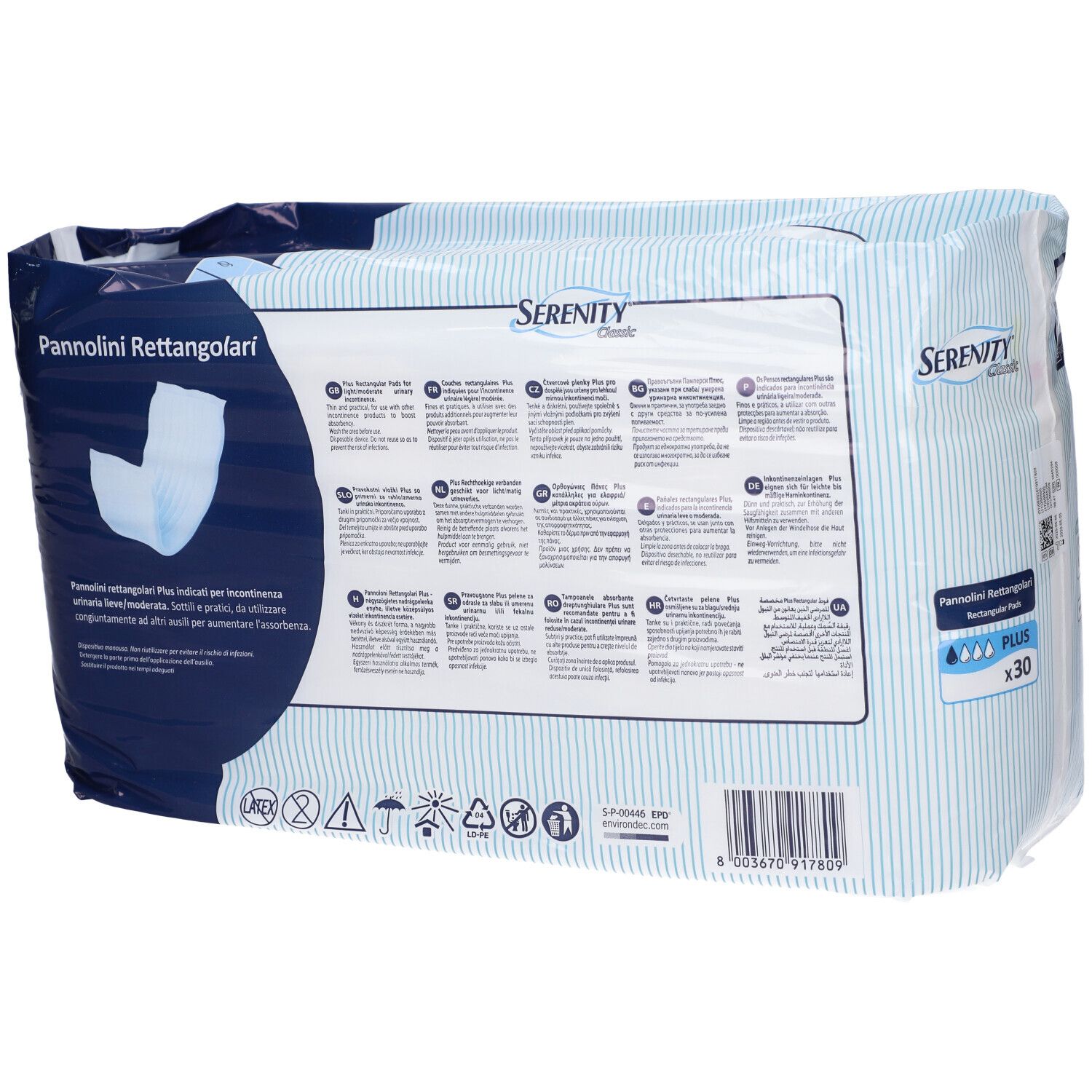 Retro confezione assorbenti rettangolari. Marchio Serenity Classic. Informazioni prodotto multilingue.