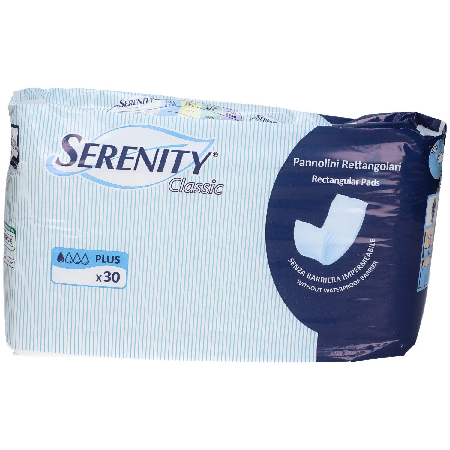 Confezione di assorbenti rettangolari. Marchio Serenity Classic, 30 pezzi. Confezione blu e bianca con informazioni.