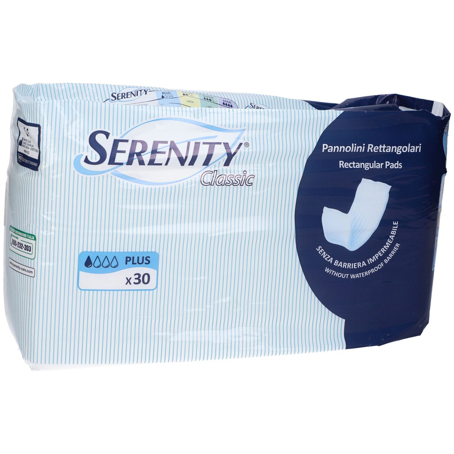 Confezione di assorbenti rettangolari. Marchio Serenity Classic, 30 pezzi. Confezione blu e bianca con informazioni.