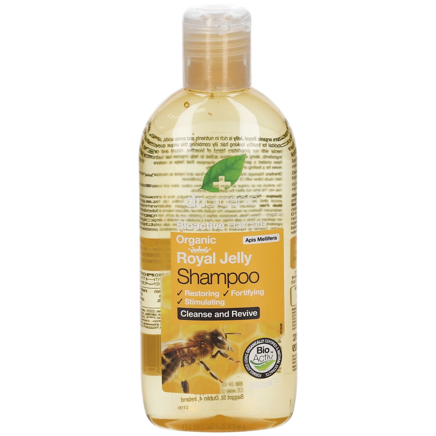 Flacone di shampoo giallastro. Scritta: Organic Royal Jelly Shampoo. Con ape e logo Bio-Activ.