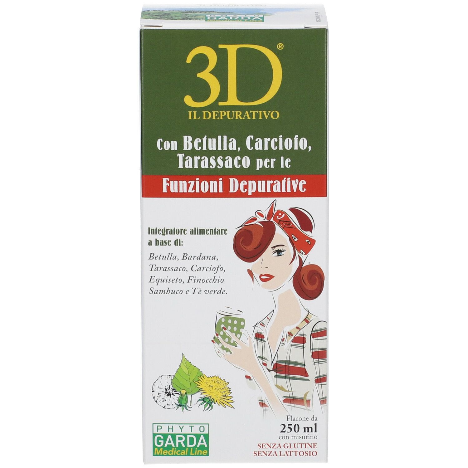 Scatola verde con nome del prodotto e ingredienti. Illustrazione di una donna. Testo: 3D Il Depurativo. Senza glutine.