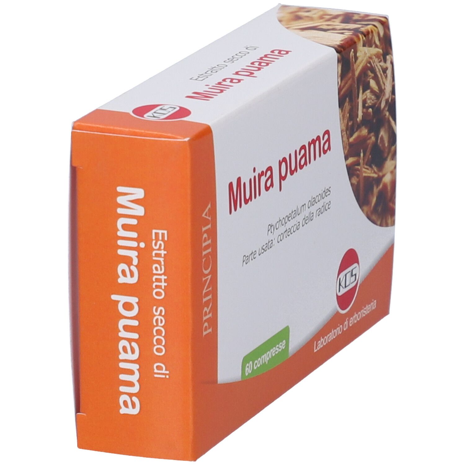 Scatola "Muira puama" in prospettiva. Scritta rossa, logo KOS. Immagine erbe marroni.