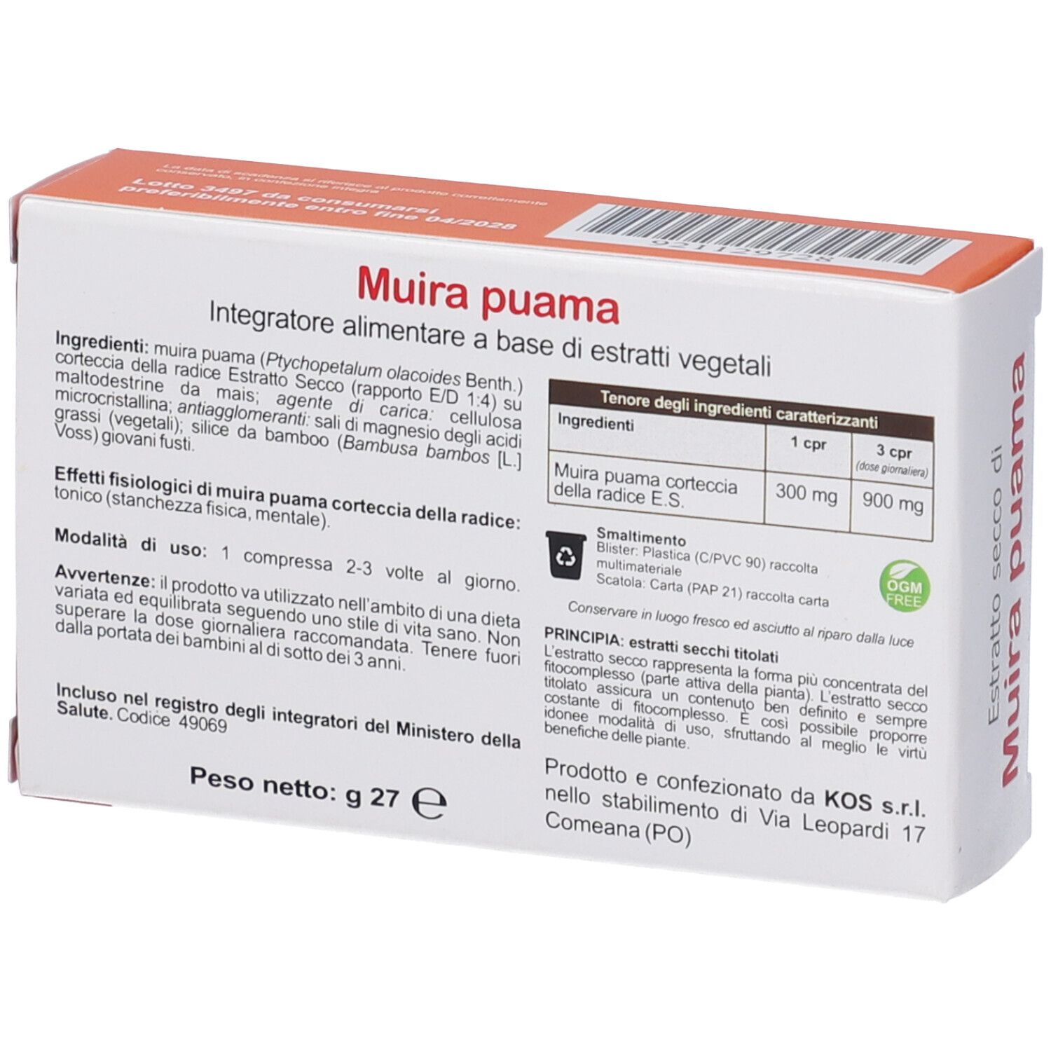 Confezione di Muira Puama, 27g. Contiene ingredienti e istruzioni per l'uso.