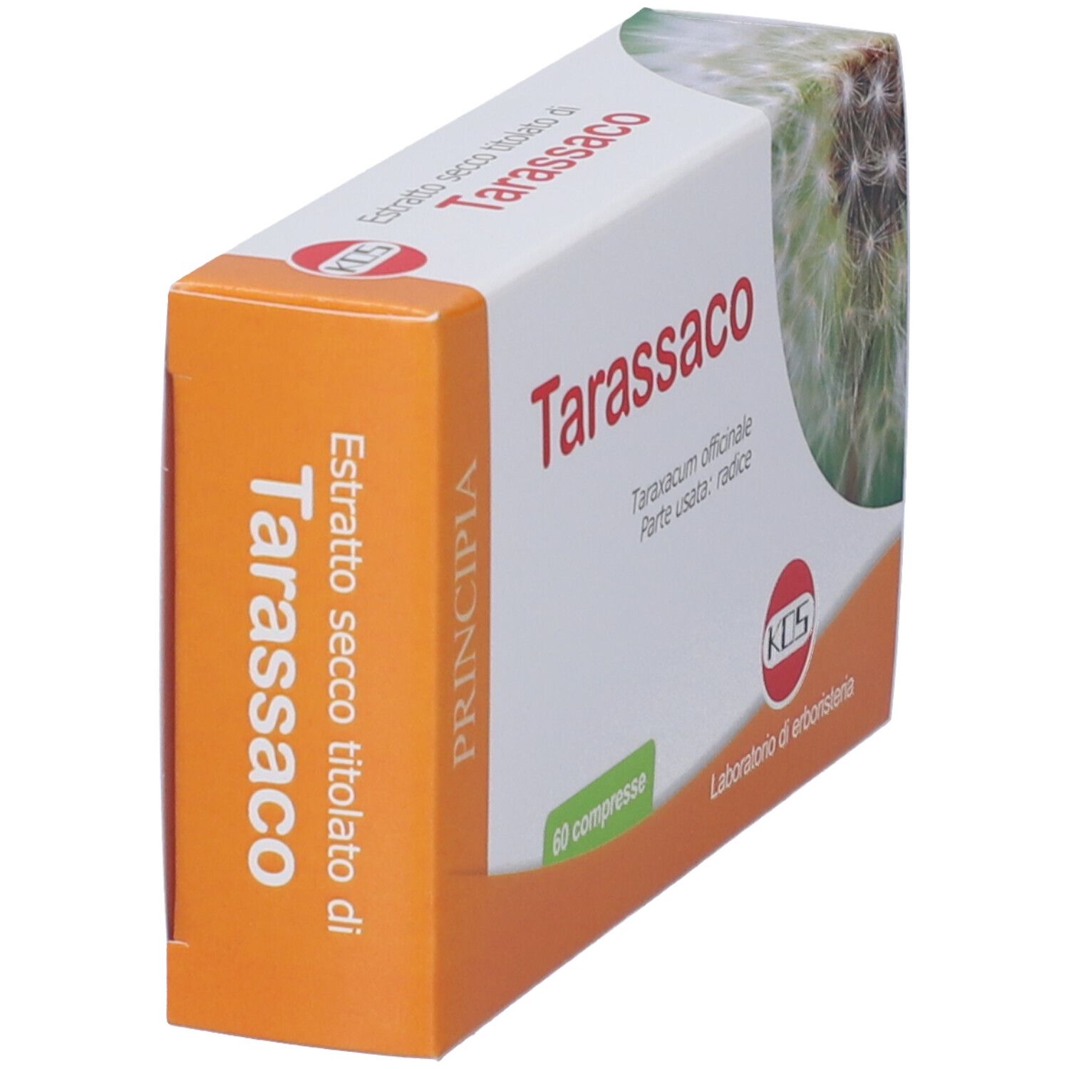 KOS Tarassaco Estratto Secco Compresse: Vista laterale della confezione da 60 compresse.