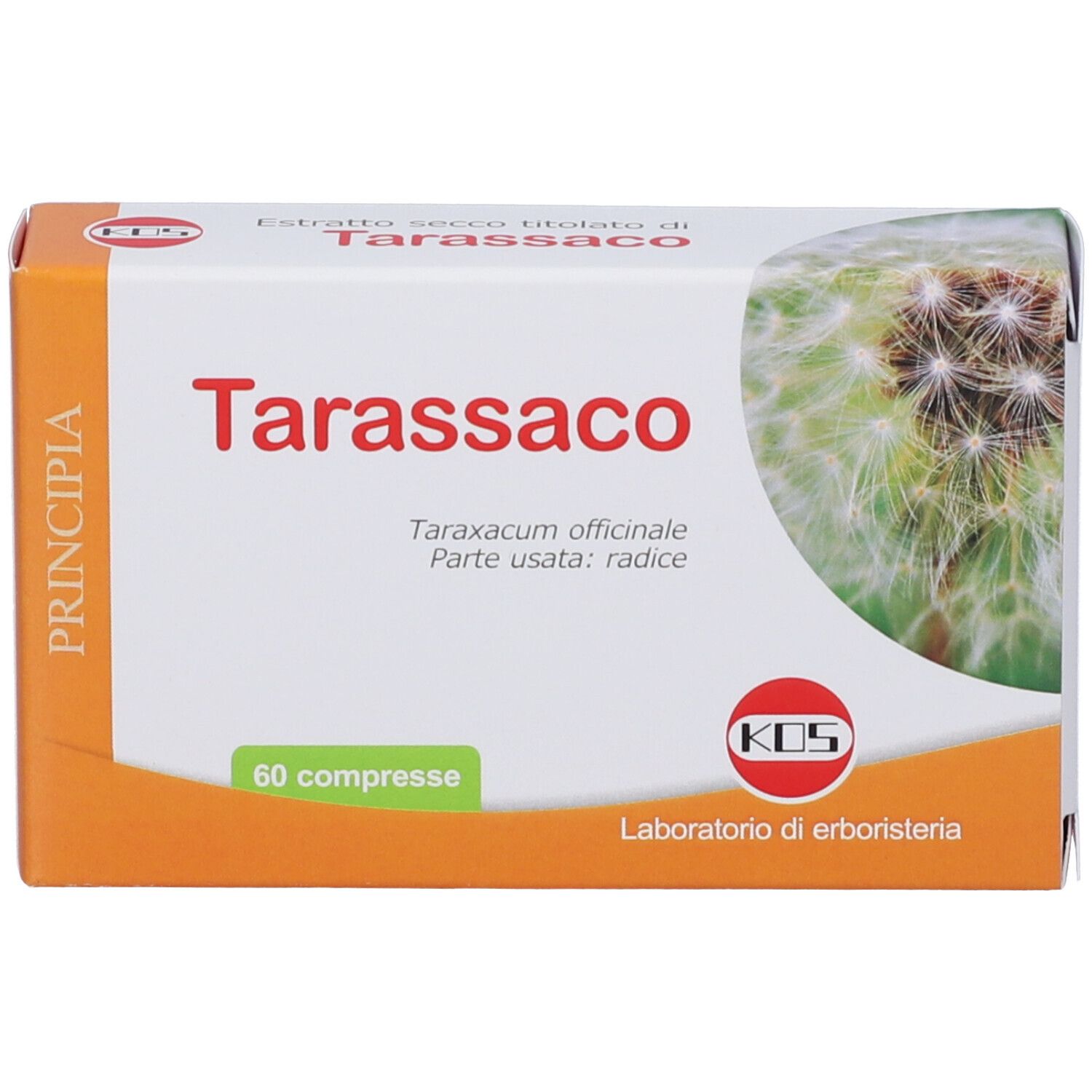 KOS Tarassaco Estratto Secco Compresse: Fronte della confezione con 60 compresse e dettaglio tarassaco.
