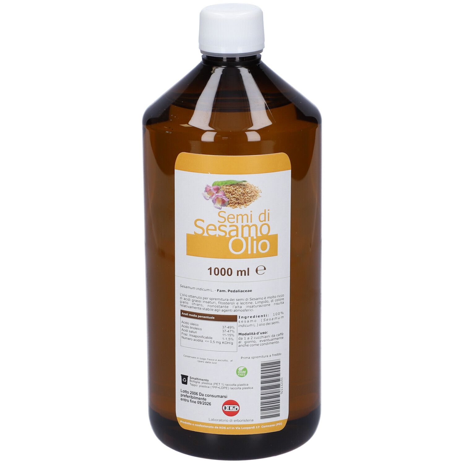 Bottiglia marrone con tappo bianco. Etichetta con Sesamo Olio e 1000 ml. Scritta in italiano.