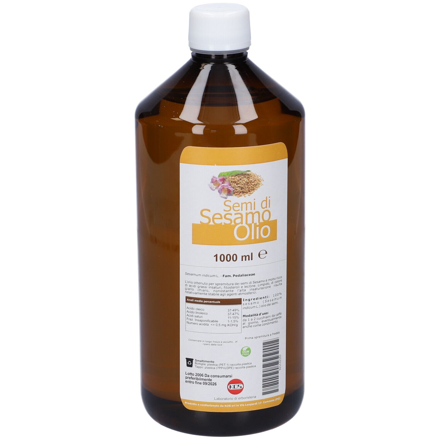 Bottiglia marrone con tappo bianco. Etichetta con Sesamo Olio e 1000 ml. Scritta in italiano.