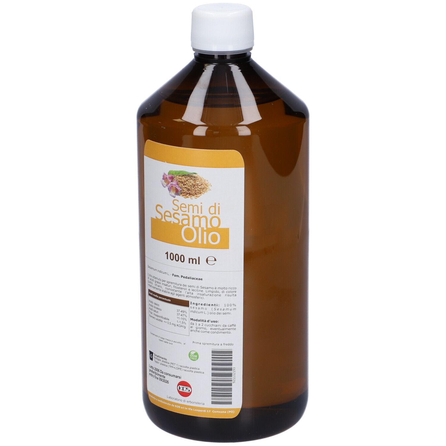 Bottiglia marrone con tappo bianco. Etichetta con Sesamo Olio e 1000 ml. Scritta in italiano.