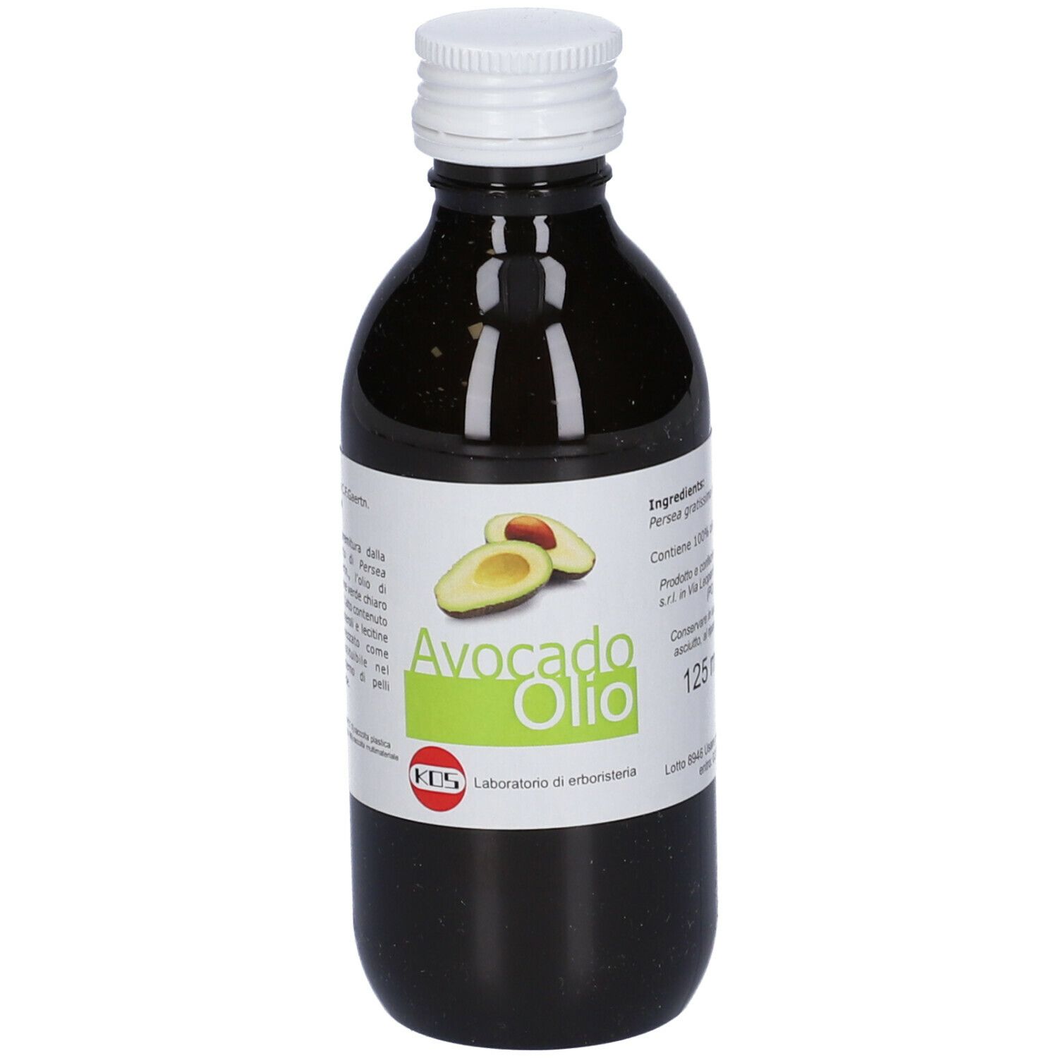 Bottiglia di vetro marrone con tappo bianco. Etichetta con Avocado Olio, 125 ml. Marchio: KOS.