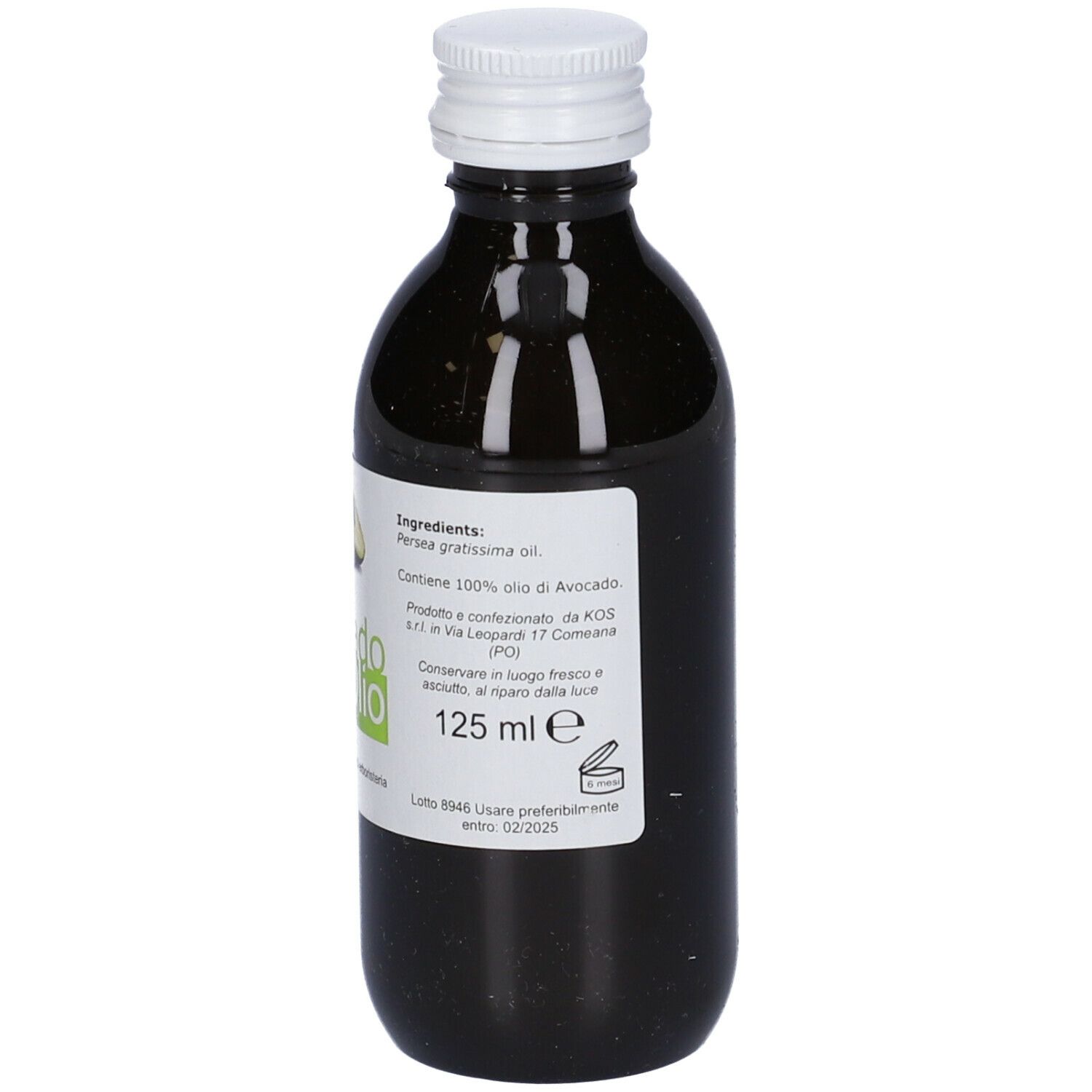 Bottiglia di vetro marrone con tappo bianco. Etichetta con Avocado Olio, 125 ml. Marchio: KOS.